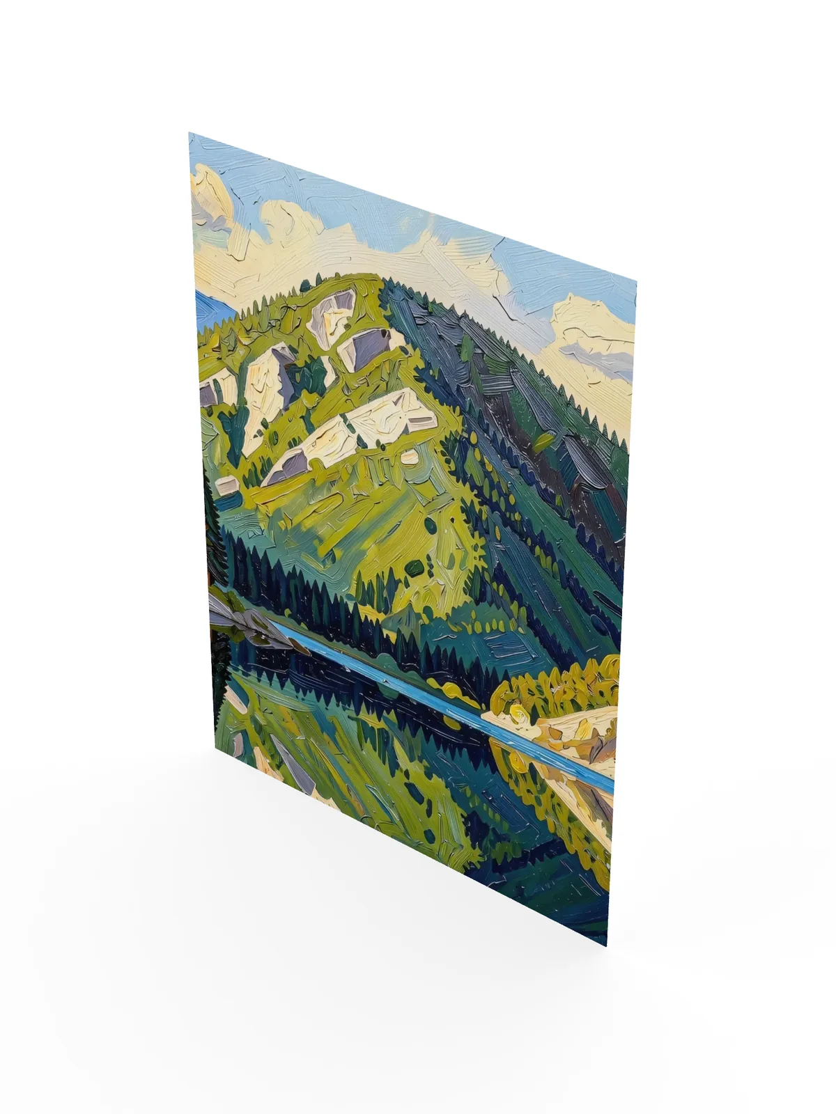 Mountain Across the Lake as a poster: a forested mountain with pale rock slides reflected in a still lake, in bold oil-painting brushstrokes.