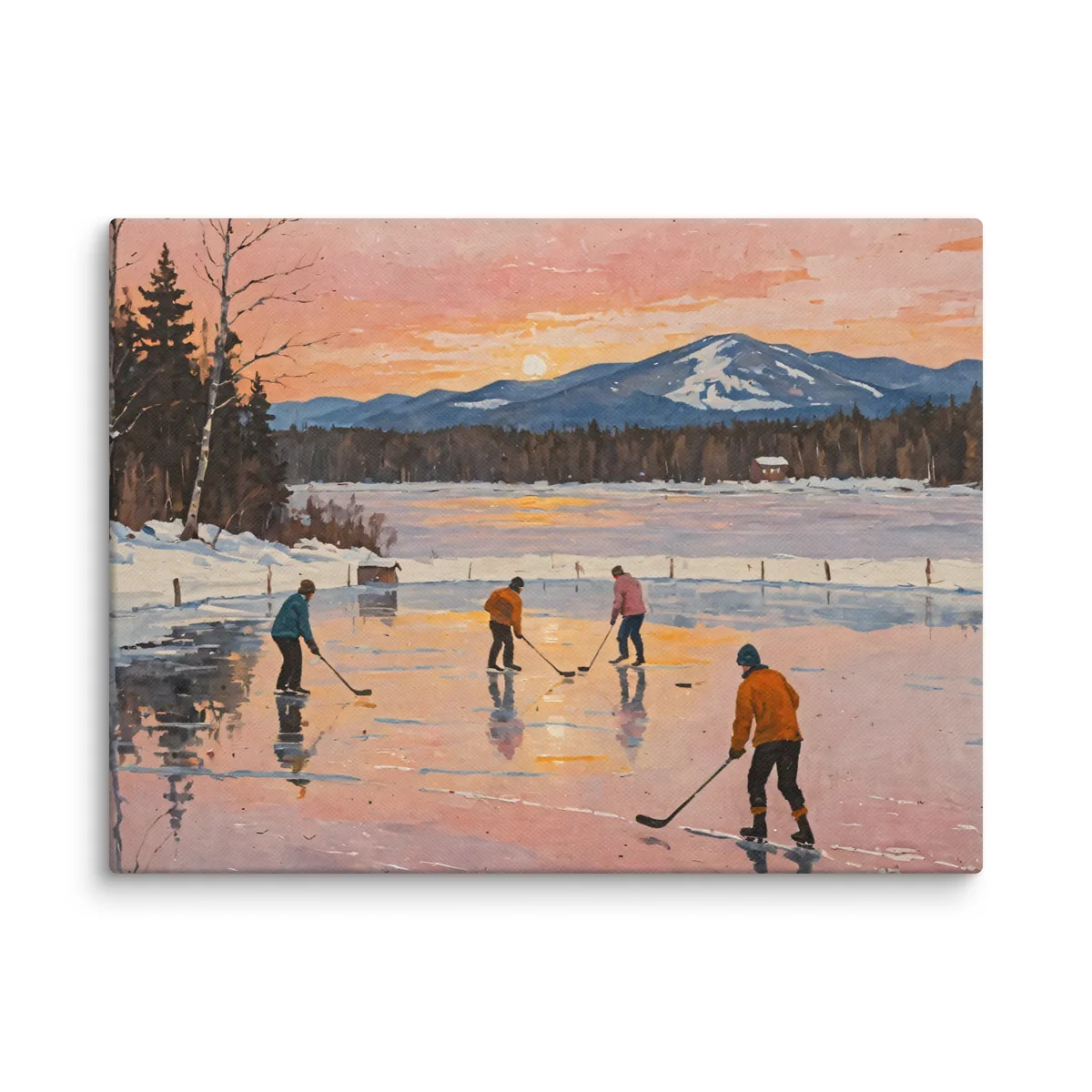 Pond Hockey at Dusk as a 12 by 16 inch canvas: a pickup game of pond hockey on a frozen lake at dusk, four skaters on a shoveled rink between snowbanks, with spruce, birch and a snowy mountain under a pink and orange winter sky reflected in the ice, in soft, traditional oil brushwork.