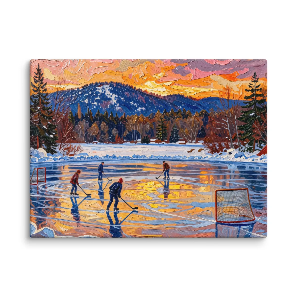 Pond Hockey at Dusk as a 12 by 16 inch canvas: a pond hockey game on a frozen Adirondack lake at dusk, under a pink and orange winter sky, in bold oil-painting brushstrokes.