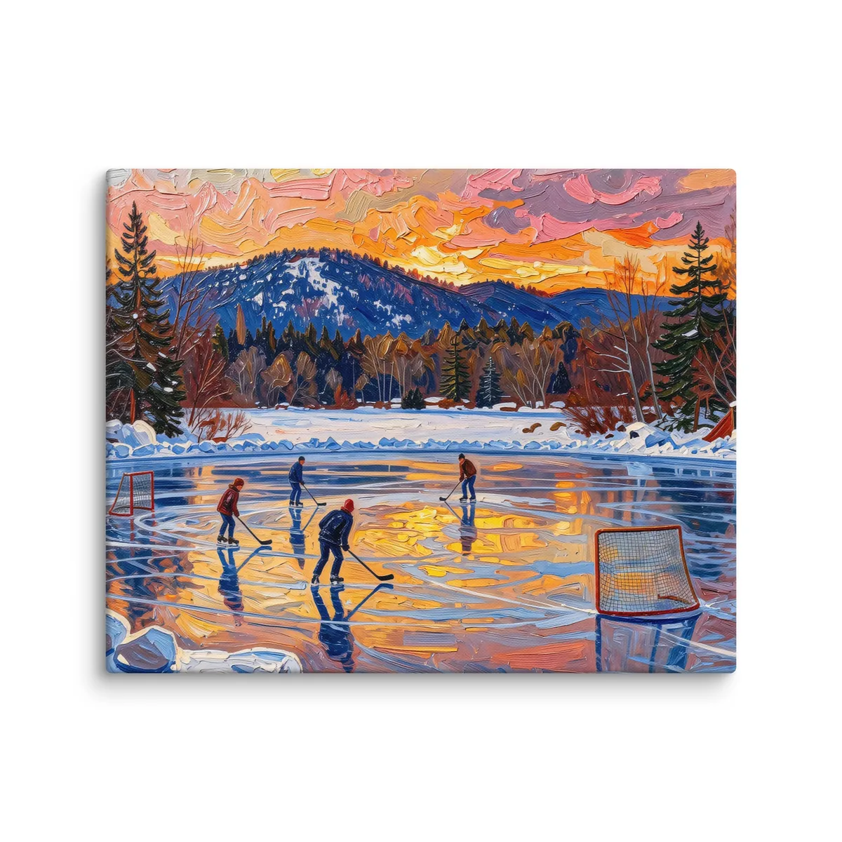 Pond Hockey at Dusk as a 16 by 20 inch canvas: a pond hockey game on a frozen Adirondack lake at dusk, under a pink and orange winter sky, in bold oil-painting brushstrokes.