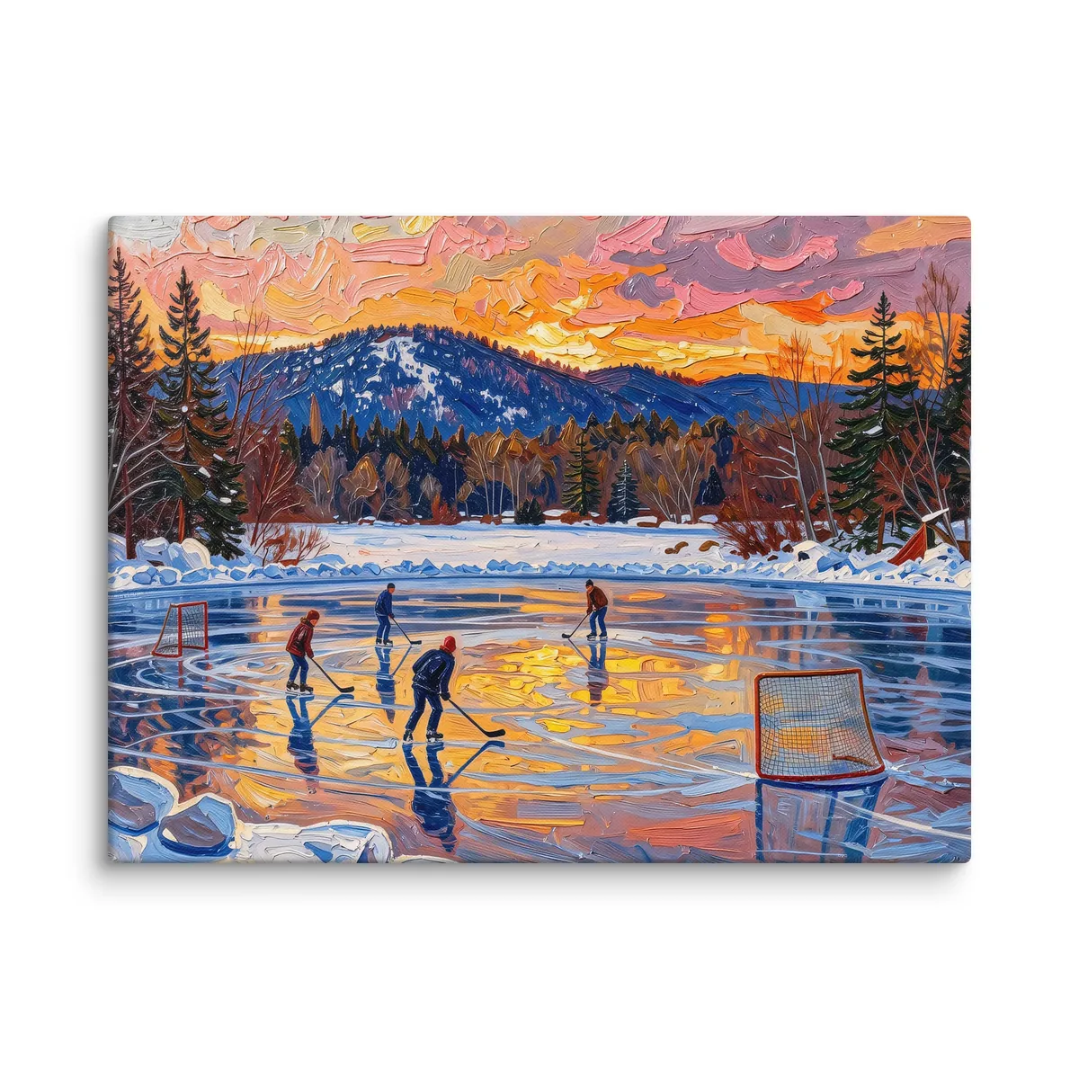 Pond Hockey at Dusk as an 18 by 24 inch canvas: a pond hockey game on a frozen Adirondack lake at dusk, under a pink and orange winter sky, in bold oil-painting brushstrokes.