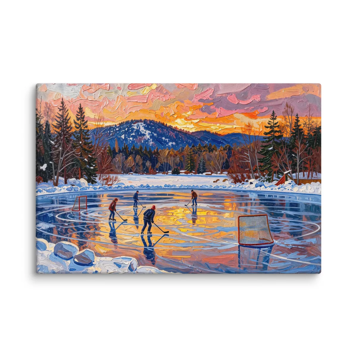 Pond Hockey at Dusk as a 24 by 36 inch canvas: a pond hockey game on a frozen Adirondack lake at dusk, under a pink and orange winter sky, in bold oil-painting brushstrokes.