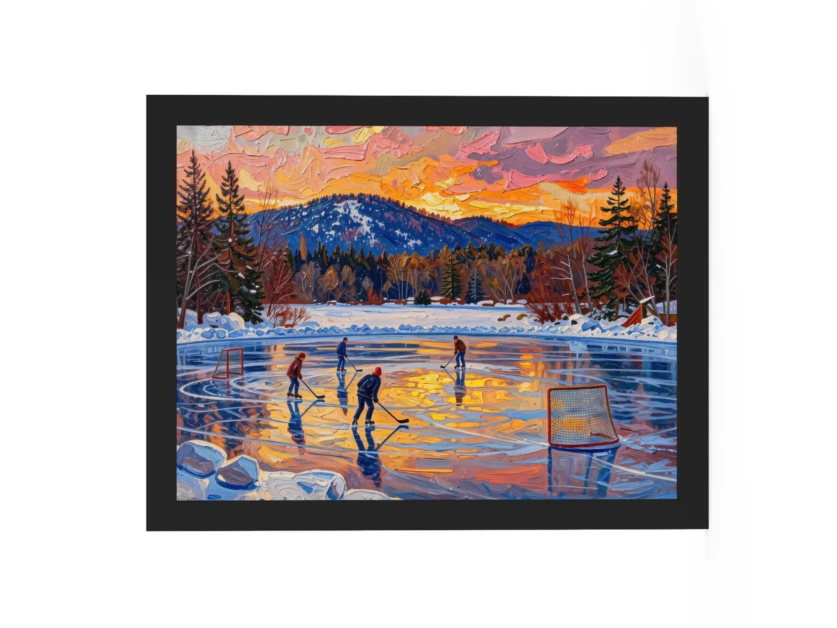 Pond Hockey at Dusk as a 12 by 16 inch framed print in a black frame: a pond hockey game on a frozen Adirondack lake at dusk, under a pink and orange winter sky, in bold oil-painting brushstrokes.