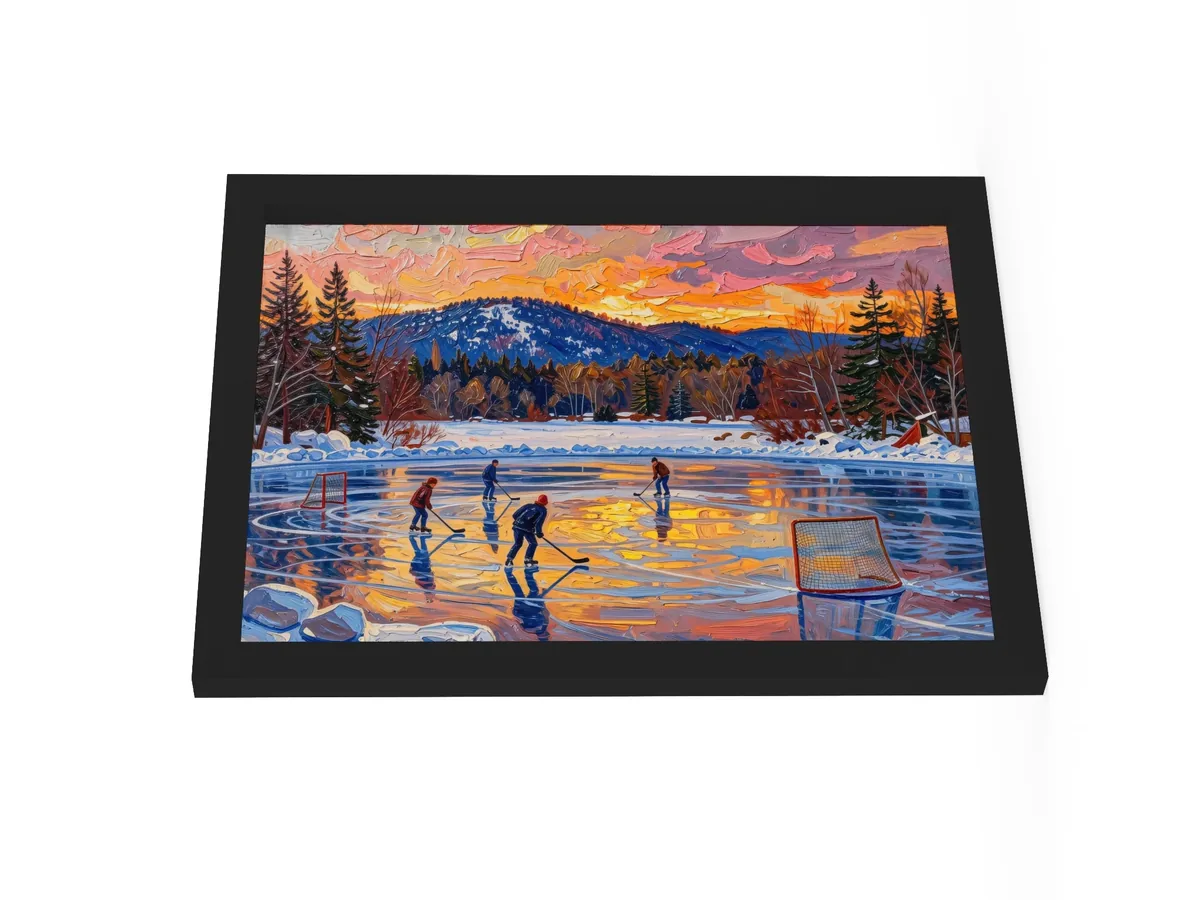 Pond Hockey at Dusk as a 12 by 16 inch framed print in a black frame: a pond hockey game on a frozen Adirondack lake at dusk, under a pink and orange winter sky, in bold oil-painting brushstrokes.