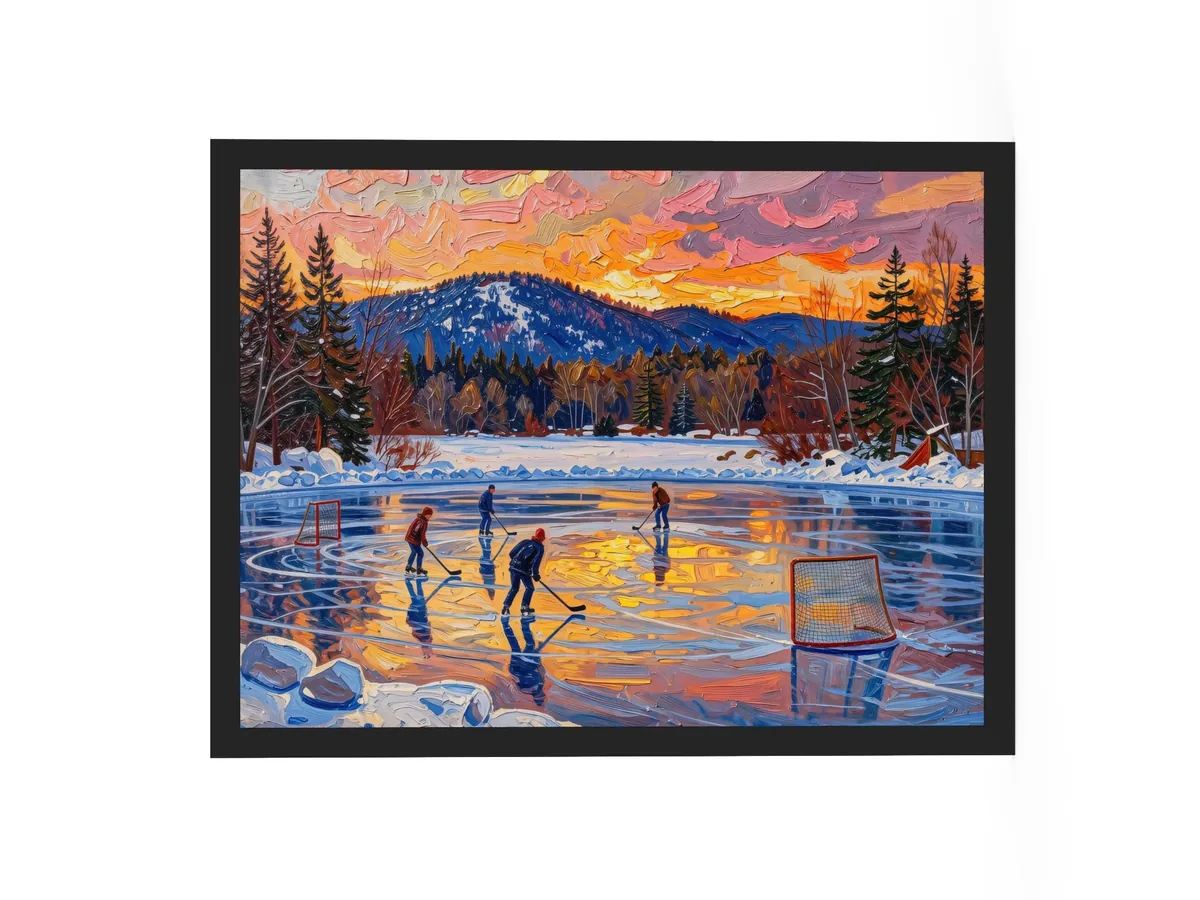 Pond Hockey at Dusk as an 18 by 24 inch framed print in a black frame: a pond hockey game on a frozen Adirondack lake at dusk, under a pink and orange winter sky, in bold oil-painting brushstrokes.