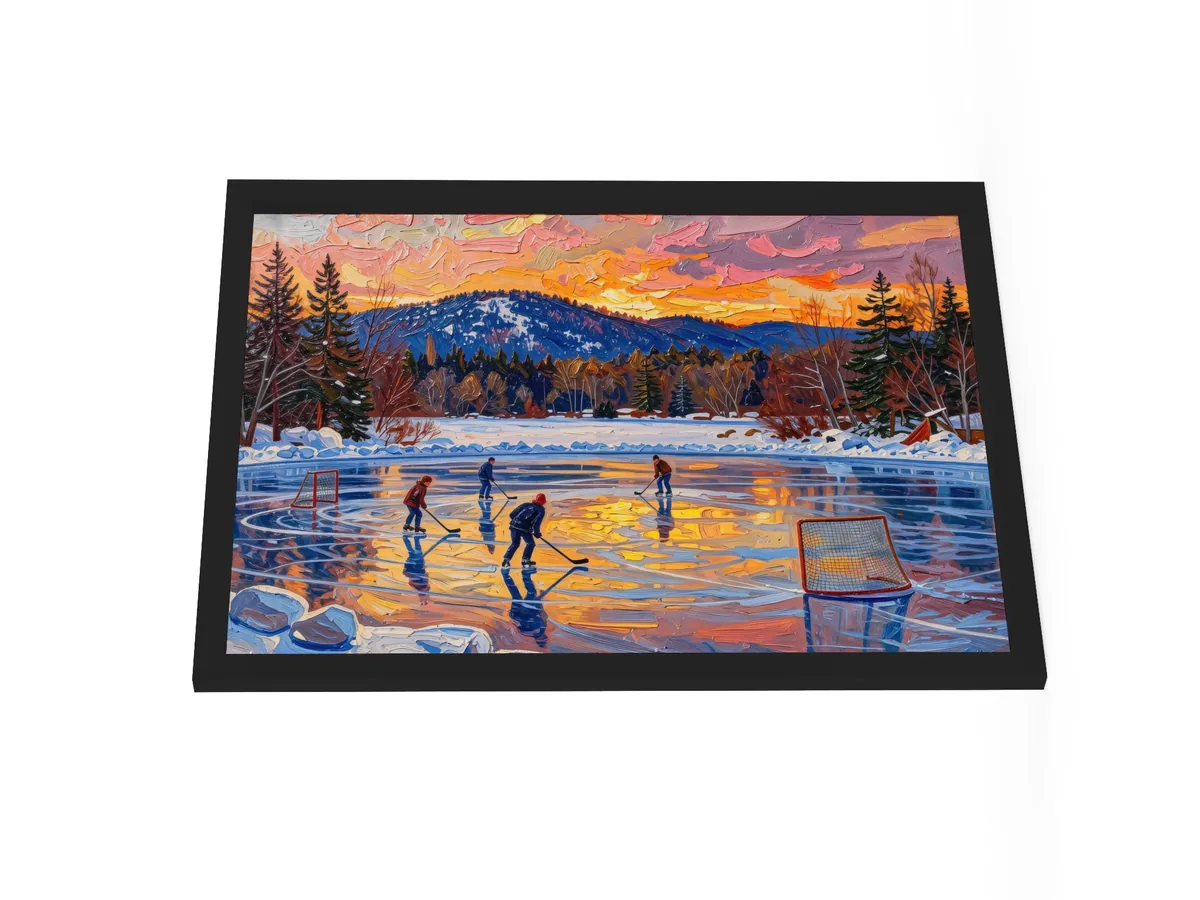 Pond Hockey at Dusk as an 18 by 24 inch framed print in a black frame: a pond hockey game on a frozen Adirondack lake at dusk, under a pink and orange winter sky, in bold oil-painting brushstrokes.