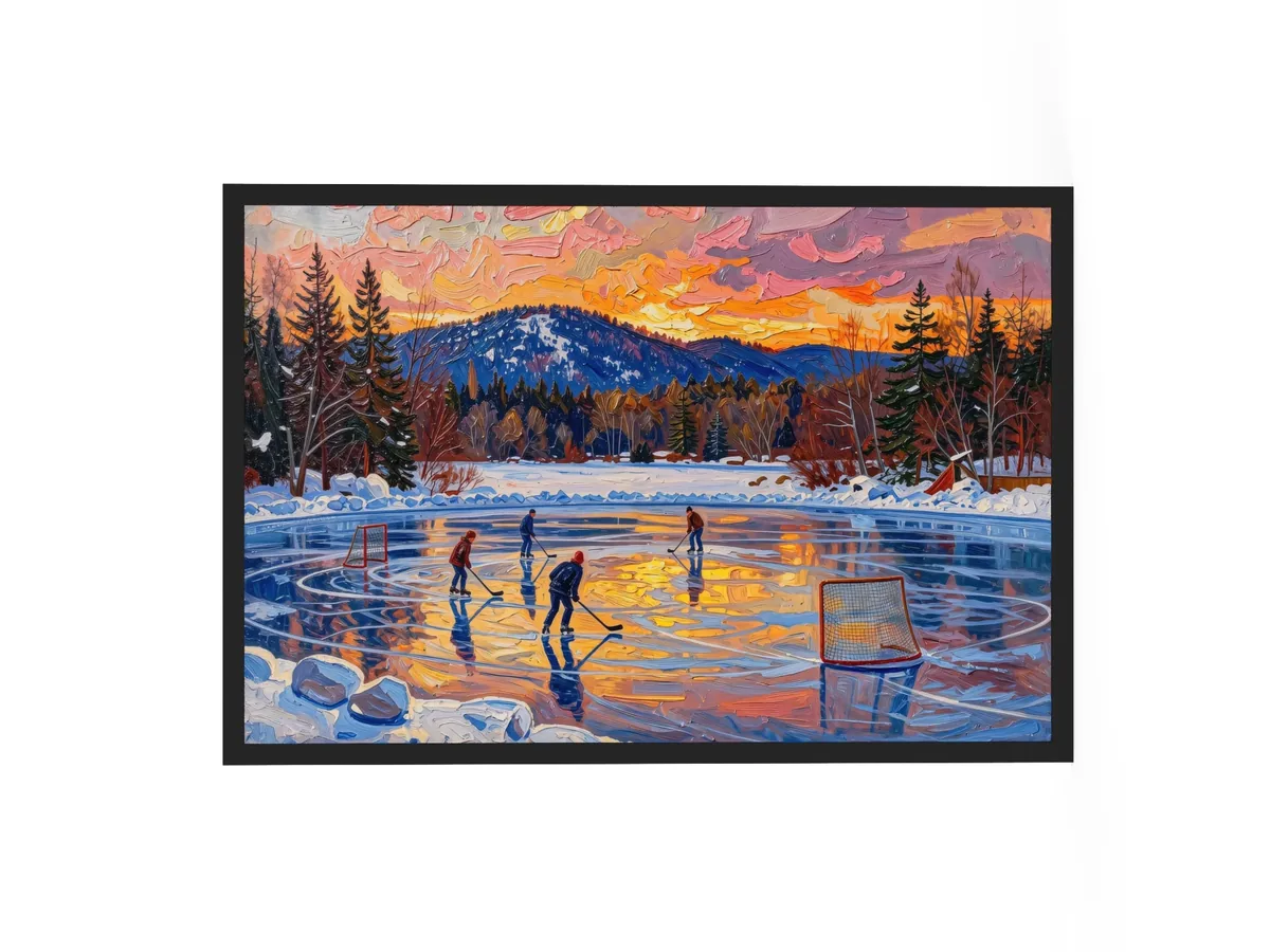 Pond Hockey at Dusk as a 24 by 36 inch framed print in a black frame: a pond hockey game on a frozen Adirondack lake at dusk, under a pink and orange winter sky, in bold oil-painting brushstrokes.