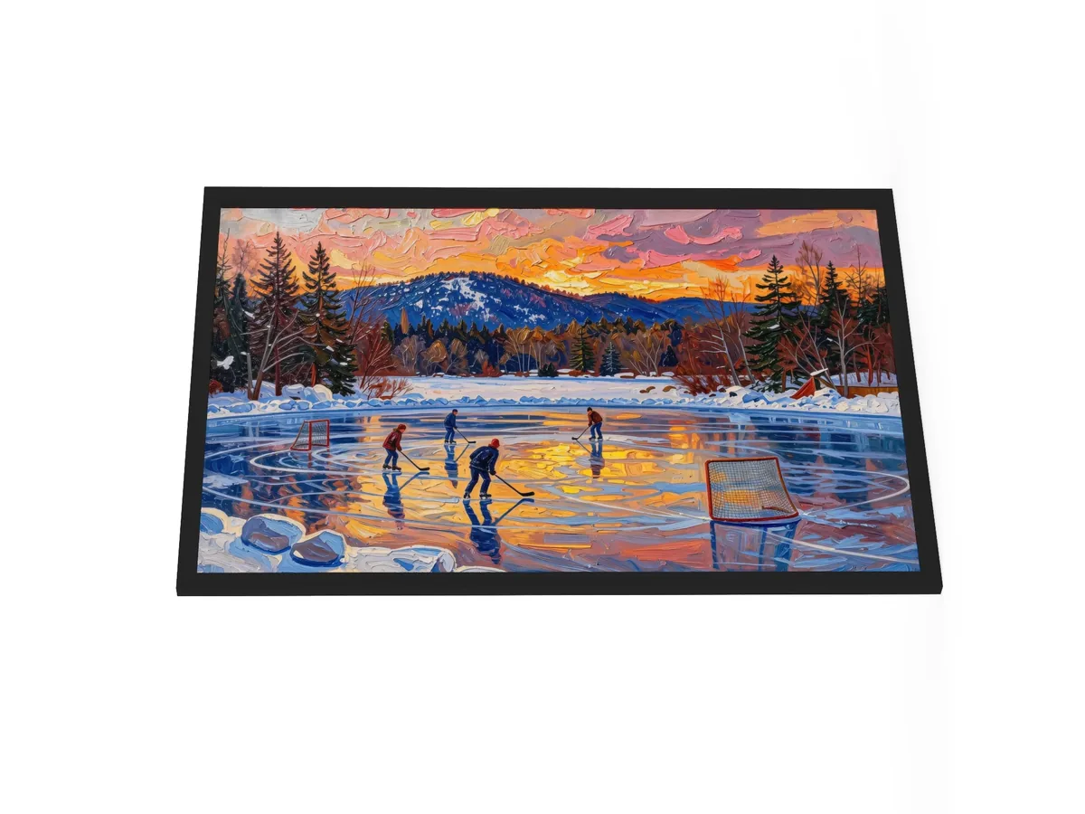 Pond Hockey at Dusk as a 24 by 36 inch framed print in a black frame: a pond hockey game on a frozen Adirondack lake at dusk, under a pink and orange winter sky, in bold oil-painting brushstrokes.