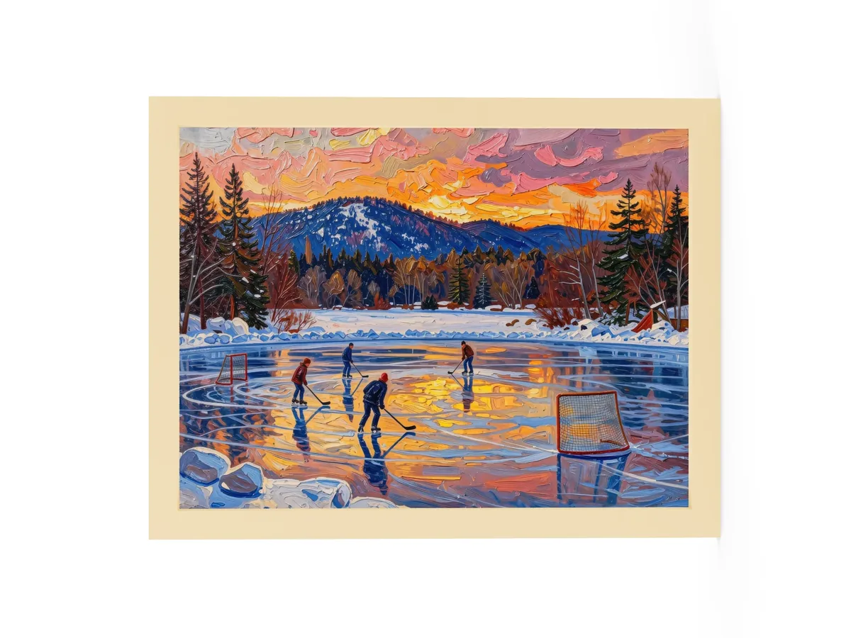 Pond Hockey at Dusk as a 12 by 16 inch framed print in a natural wood frame: a pond hockey game on a frozen Adirondack lake at dusk, under a pink and orange winter sky, in bold oil-painting brushstrokes.