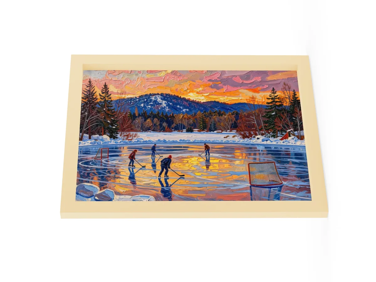 Pond Hockey at Dusk as a 12 by 16 inch framed print in a natural wood frame: a pond hockey game on a frozen Adirondack lake at dusk, under a pink and orange winter sky, in bold oil-painting brushstrokes.
