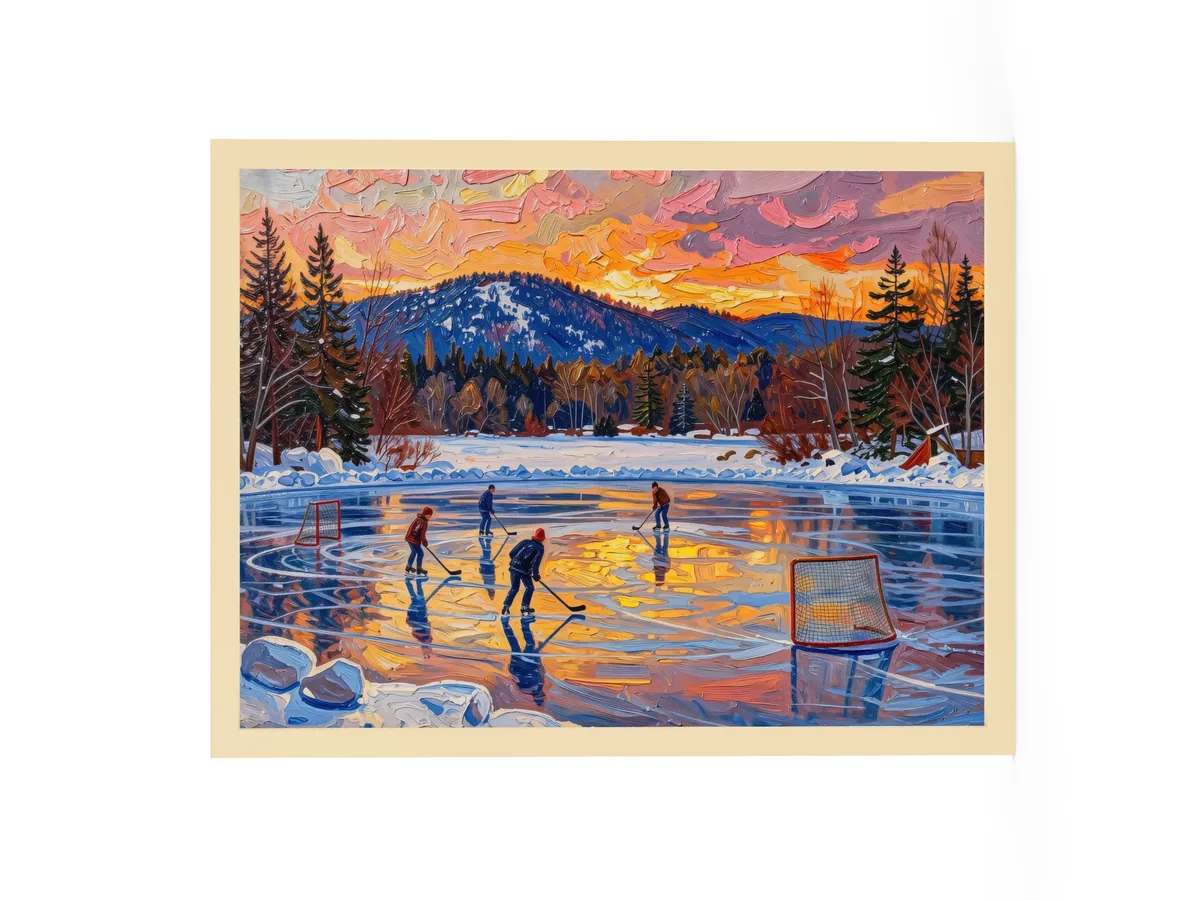 Pond Hockey at Dusk as an 18 by 24 inch framed print in a natural wood frame: a pond hockey game on a frozen Adirondack lake at dusk, under a pink and orange winter sky, in bold oil-painting brushstrokes.