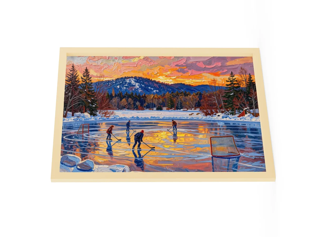 Pond Hockey at Dusk as an 18 by 24 inch framed print in a natural wood frame: a pond hockey game on a frozen Adirondack lake at dusk, under a pink and orange winter sky, in bold oil-painting brushstrokes.