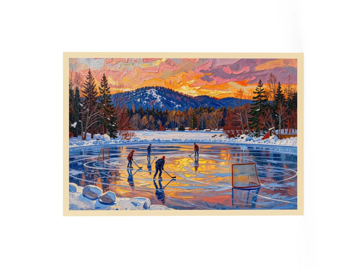 Pond Hockey at Dusk as a 24 by 36 inch framed print in a natural wood frame: a pond hockey game on a frozen Adirondack lake at dusk, under a pink and orange winter sky, in bold oil-painting brushstrokes.