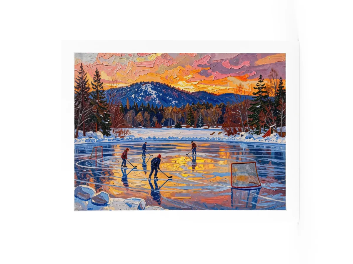 Pond Hockey at Dusk as a 12 by 16 inch framed print in a white frame: a pond hockey game on a frozen Adirondack lake at dusk, under a pink and orange winter sky, in bold oil-painting brushstrokes.