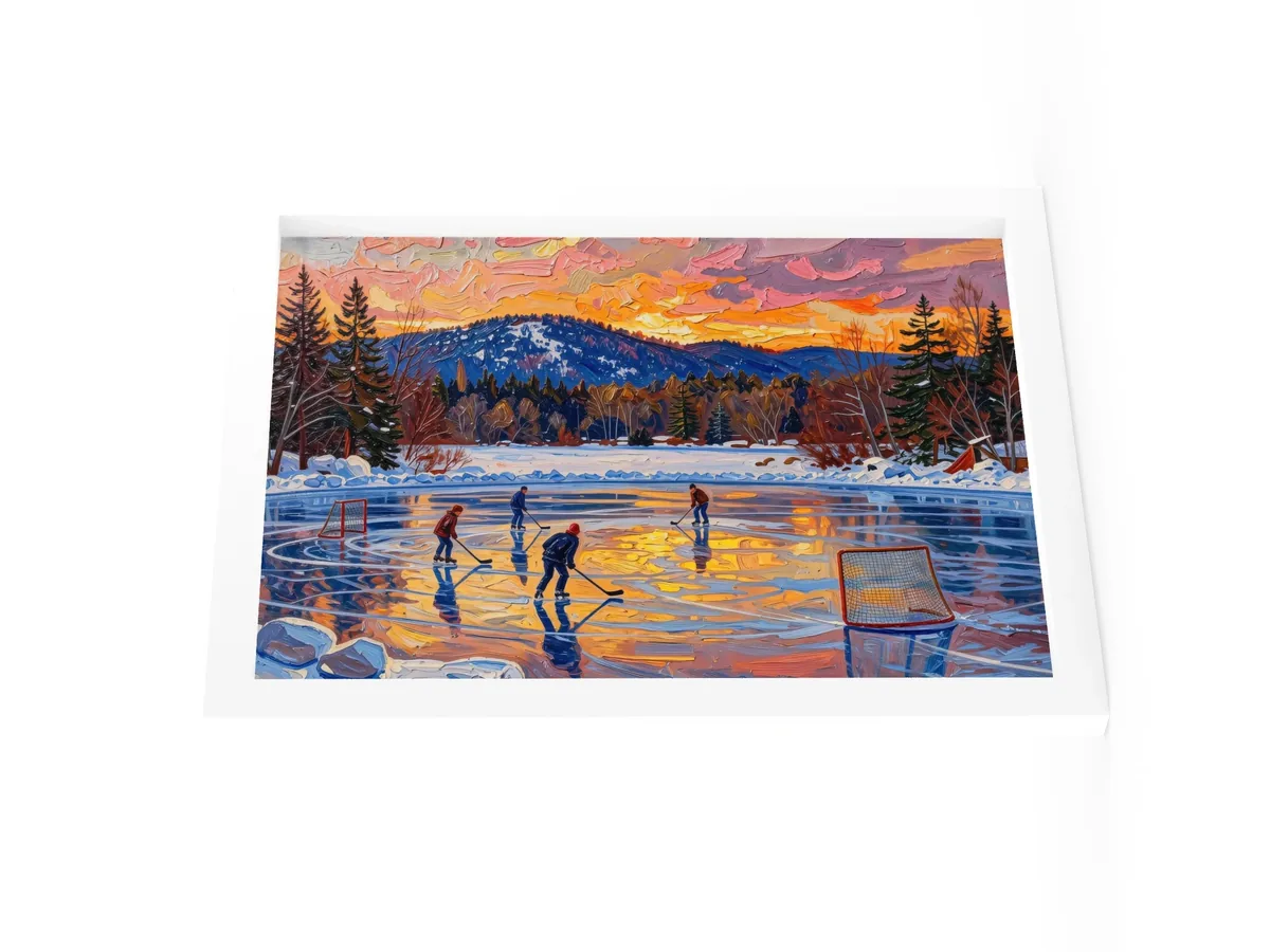 Pond Hockey at Dusk as a 12 by 16 inch framed print in a white frame: a pond hockey game on a frozen Adirondack lake at dusk, under a pink and orange winter sky, in bold oil-painting brushstrokes.