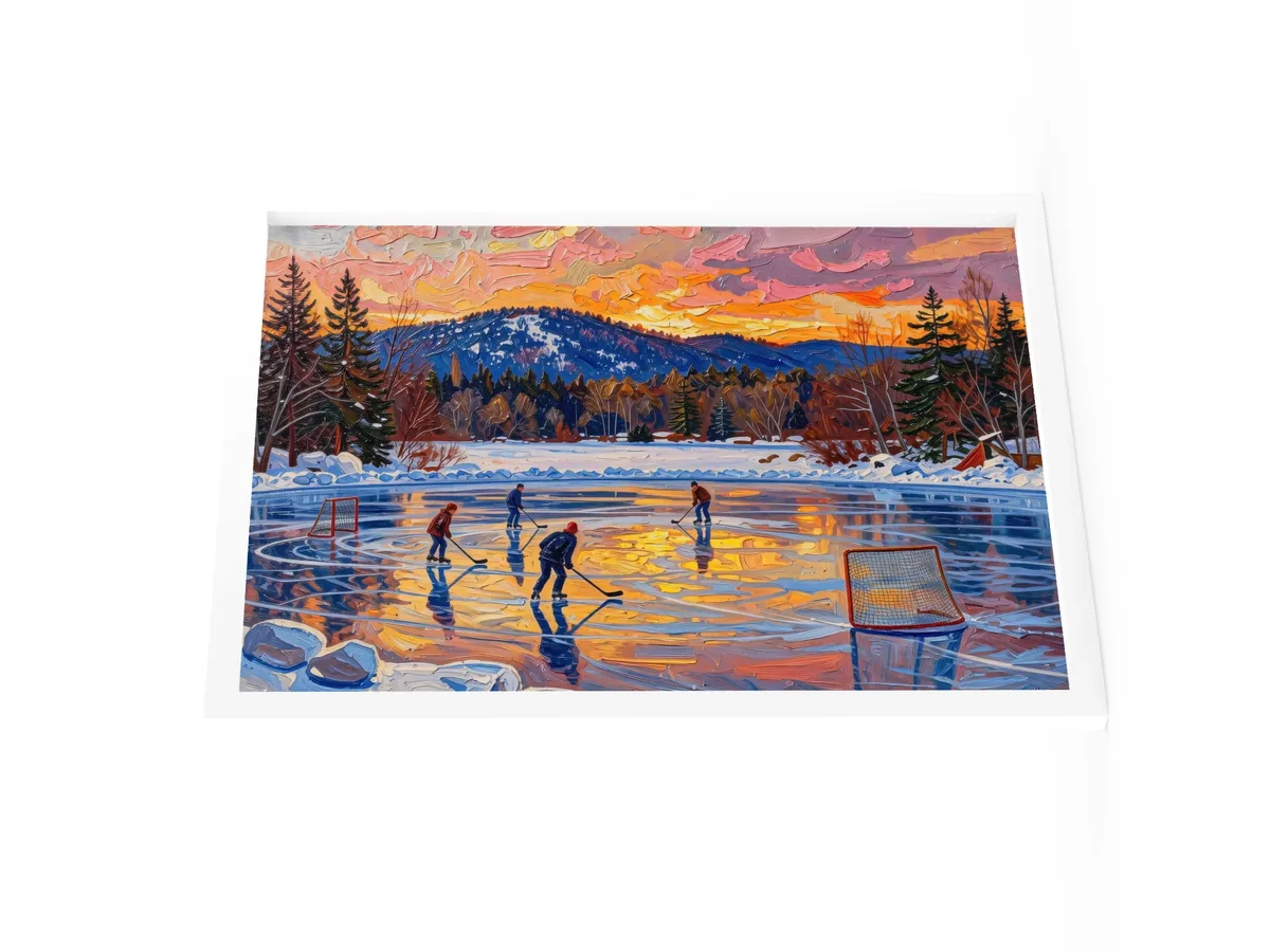 Pond Hockey at Dusk as an 18 by 24 inch framed print in a white frame: a pond hockey game on a frozen Adirondack lake at dusk, under a pink and orange winter sky, in bold oil-painting brushstrokes.