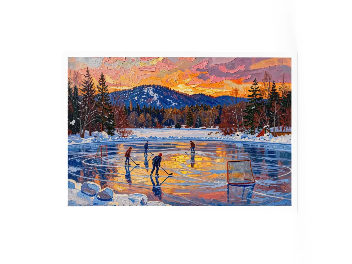 Pond Hockey at Dusk as a 24 by 36 inch framed print in a white frame: a pond hockey game on a frozen Adirondack lake at dusk, under a pink and orange winter sky, in bold oil-painting brushstrokes.