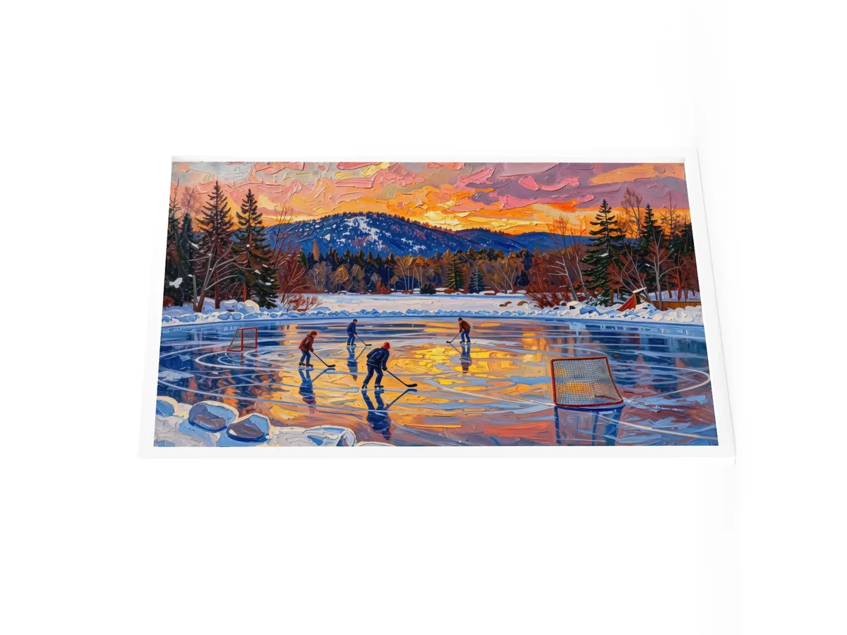 Pond Hockey at Dusk as a 24 by 36 inch framed print in a white frame: a pond hockey game on a frozen Adirondack lake at dusk, under a pink and orange winter sky, in bold oil-painting brushstrokes.