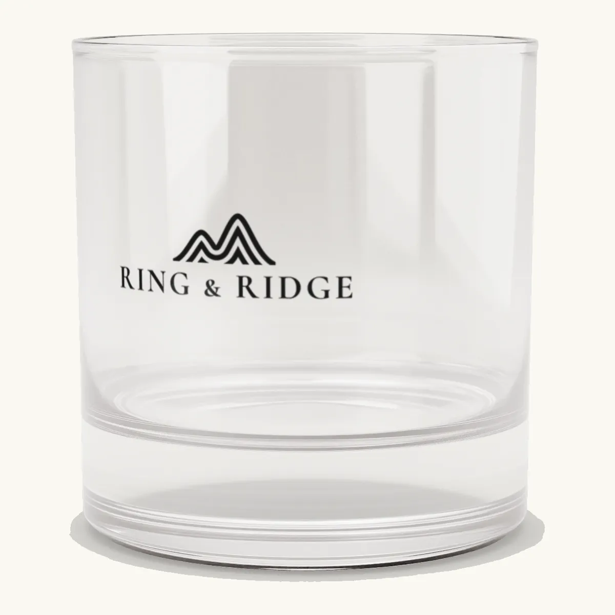 Ring & Ridge Rocks Glass: the Ring & Ridge mountain logo.