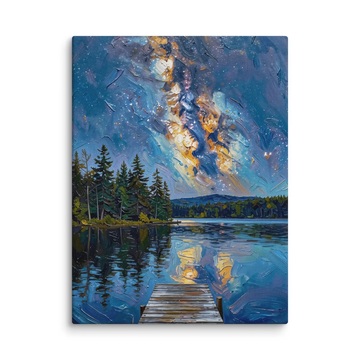 Starry Night Over the Lake as a 12 by 16 inch canvas: the Milky Way over a dark lake and treeline, with a wooden dock in the foreground, in bold oil-painting brushstrokes.