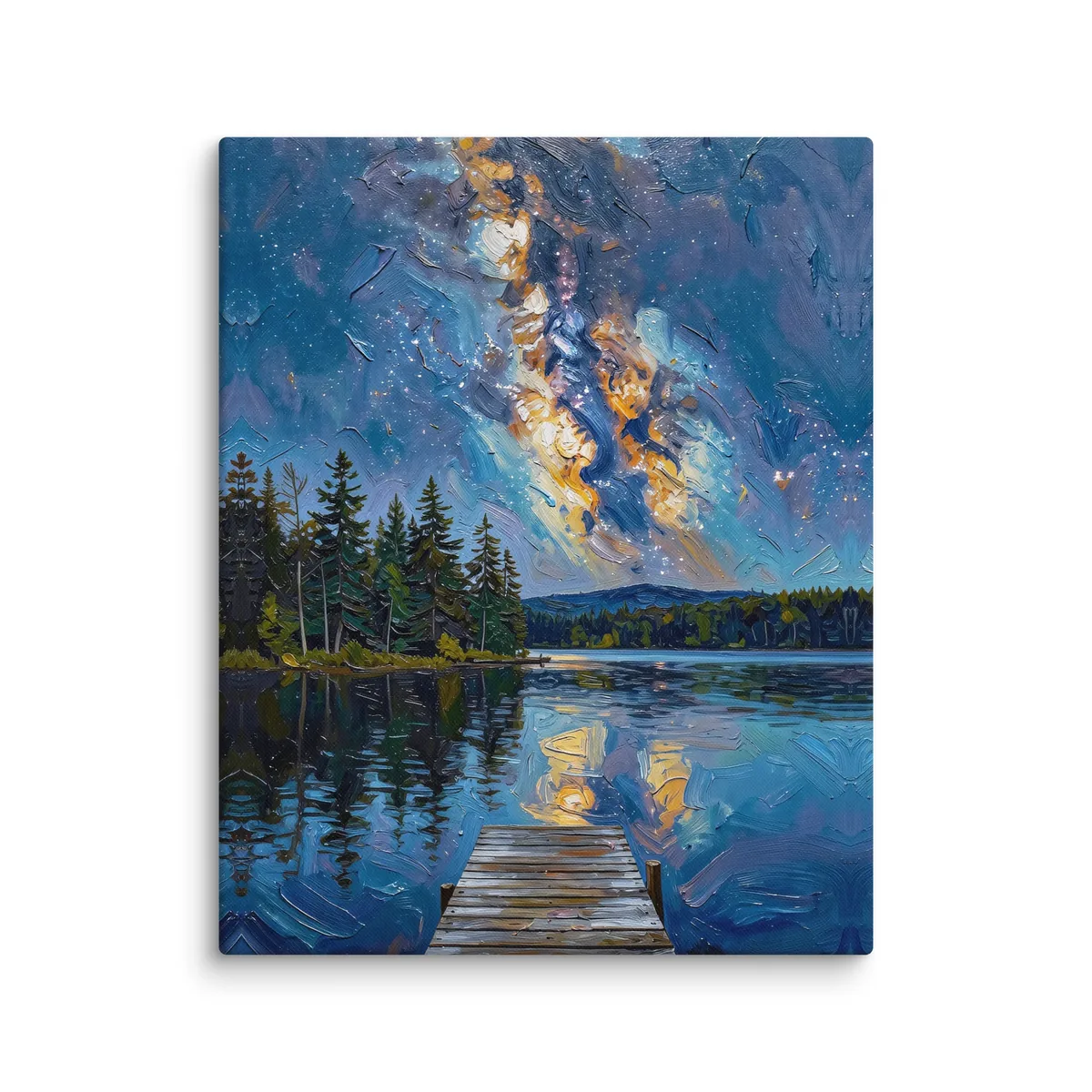 Starry Night Over the Lake as a 16 by 20 inch canvas: the Milky Way over a dark lake and treeline, with a wooden dock in the foreground, in bold oil-painting brushstrokes.