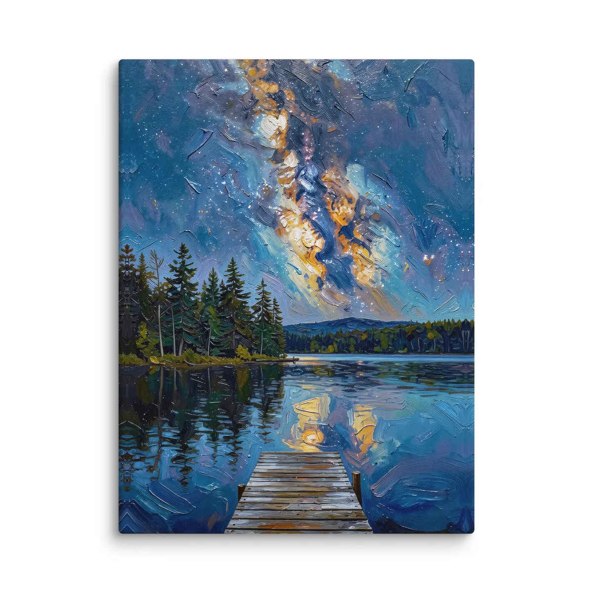 Starry Night Over the Lake as an 18 by 24 inch canvas: the Milky Way over a dark lake and treeline, with a wooden dock in the foreground, in bold oil-painting brushstrokes.