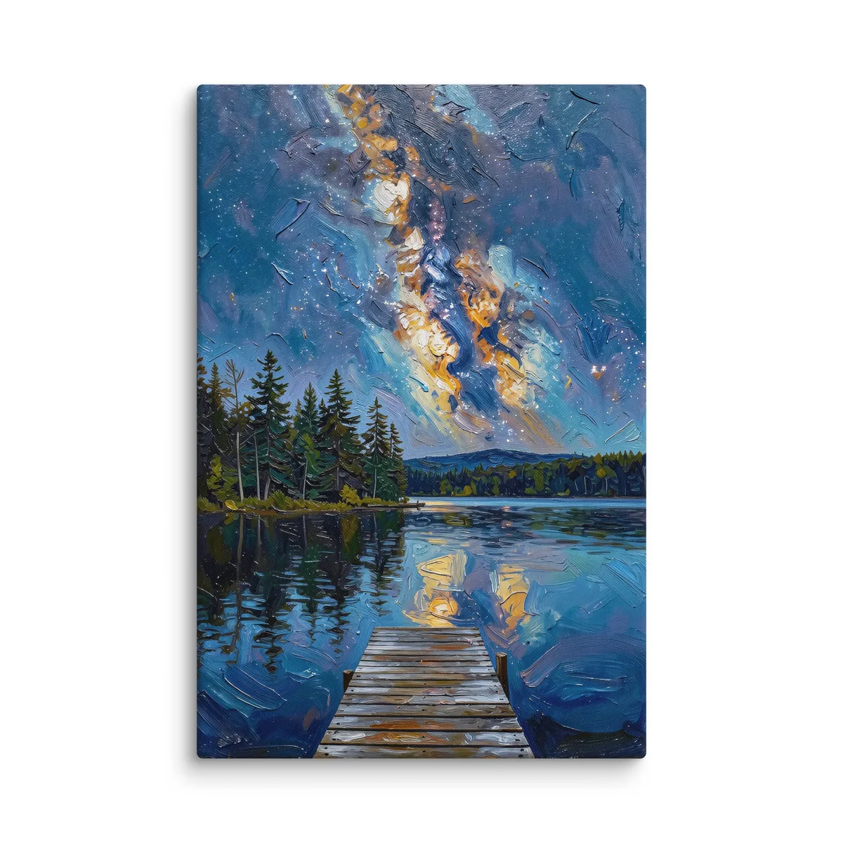 Starry Night Over the Lake as a 24 by 36 inch canvas: the Milky Way over a dark lake and treeline, with a wooden dock in the foreground, in bold oil-painting brushstrokes.
