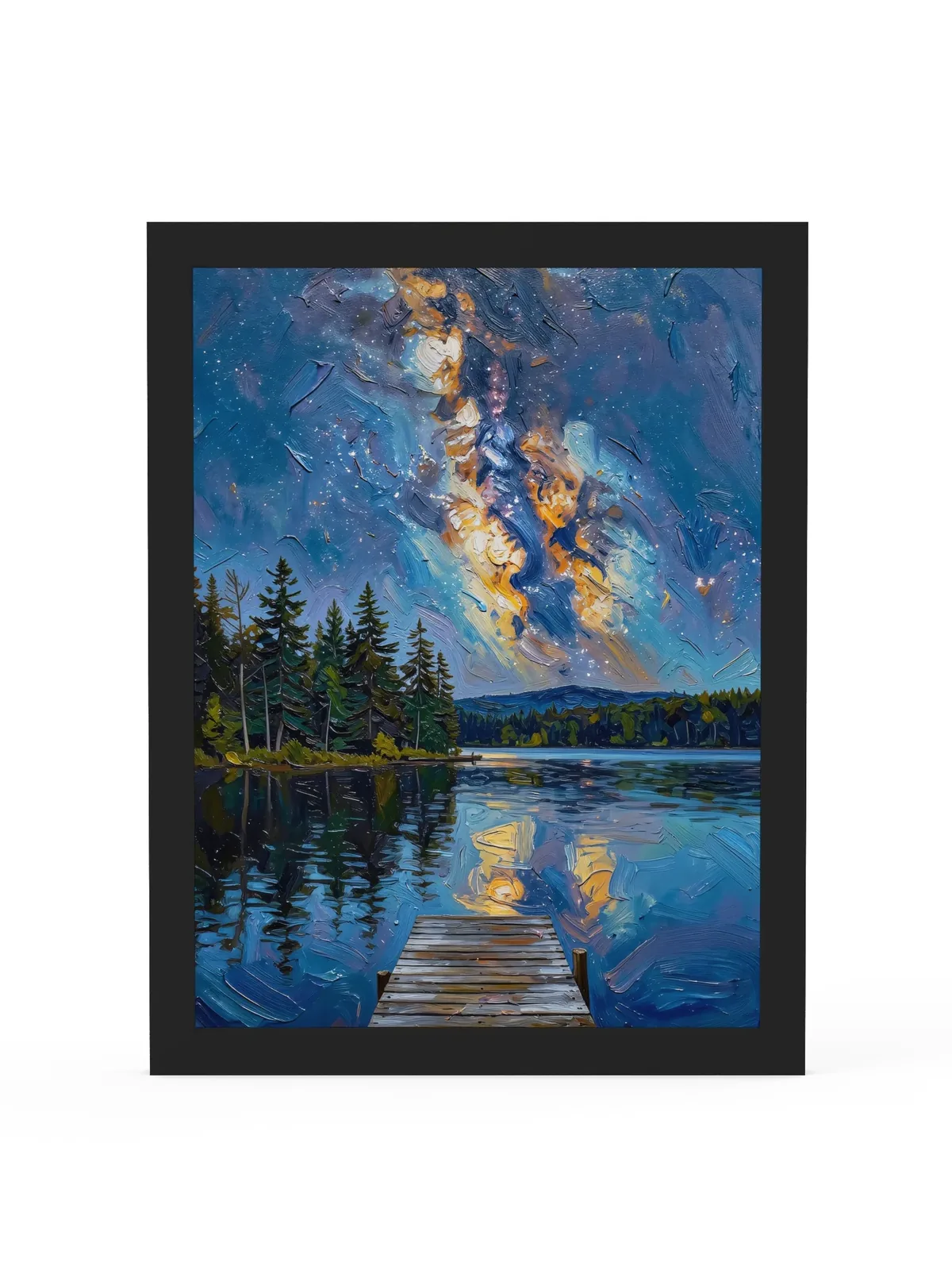 Starry Night Over the Lake as a 12 by 16 inch framed print in a black frame: the Milky Way over a dark lake and treeline, with a wooden dock in the foreground, in bold oil-painting brushstrokes.