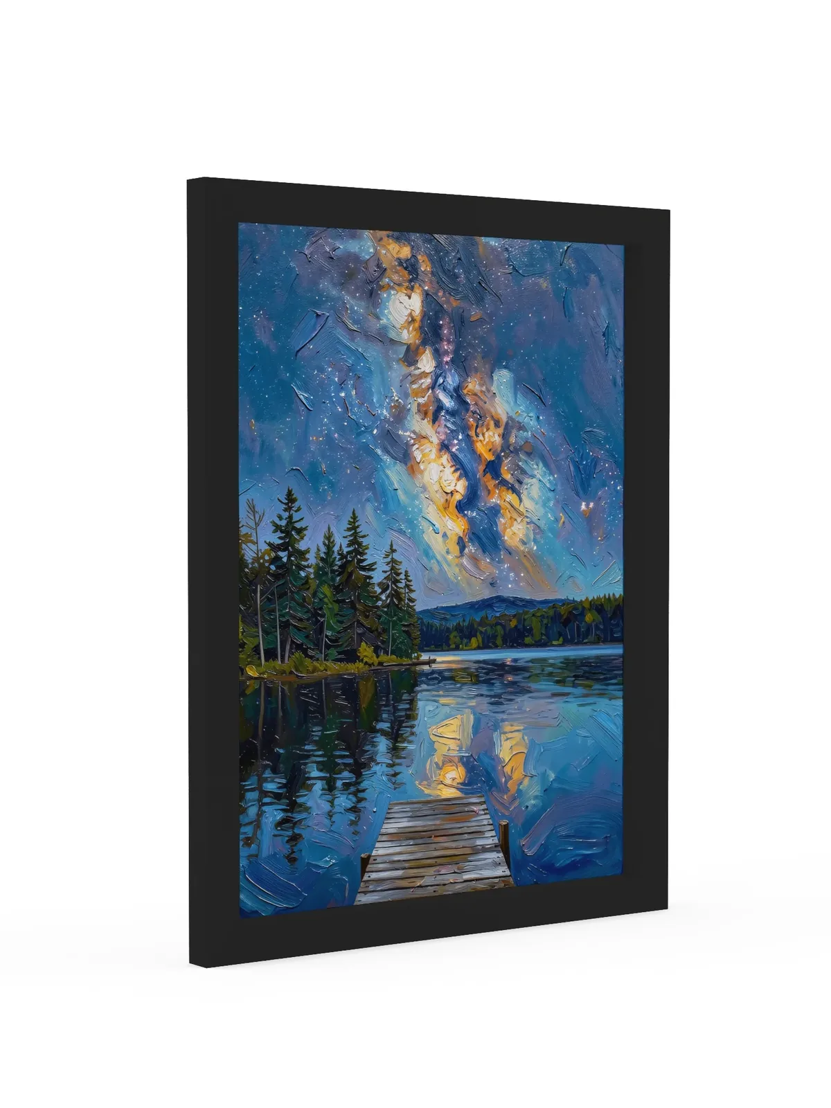 Starry Night Over the Lake as a 12 by 16 inch framed print in a black frame: the Milky Way over a dark lake and treeline, with a wooden dock in the foreground, in bold oil-painting brushstrokes.