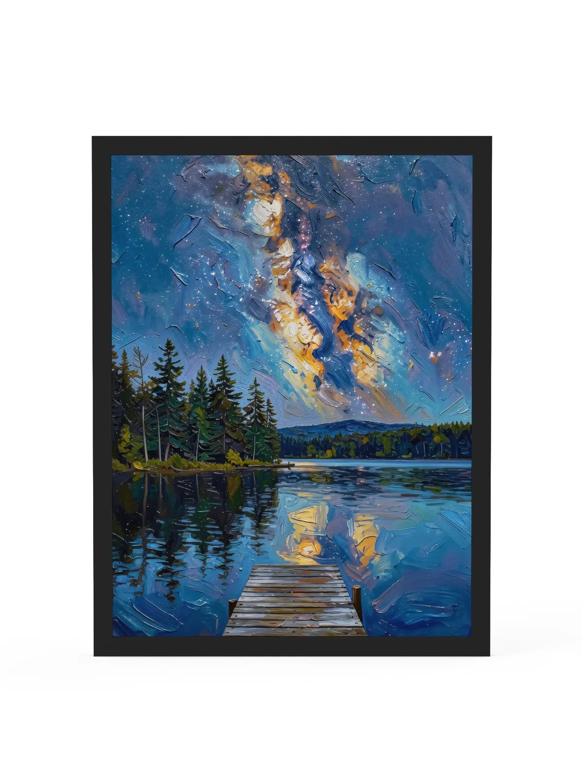 Starry Night Over the Lake as an 18 by 24 inch framed print in a black frame: the Milky Way over a dark lake and treeline, with a wooden dock in the foreground, in bold oil-painting brushstrokes.