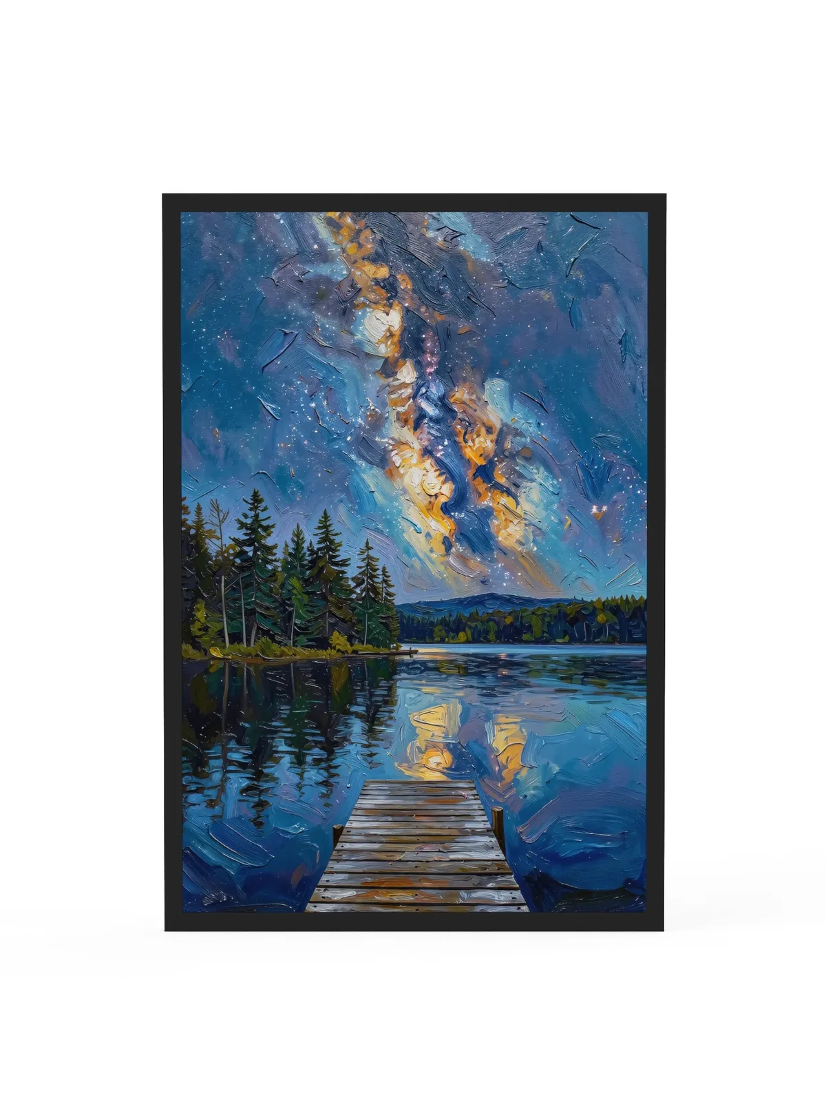 Starry Night Over the Lake as a 24 by 36 inch framed print in a black frame: the Milky Way over a dark lake and treeline, with a wooden dock in the foreground, in bold oil-painting brushstrokes.