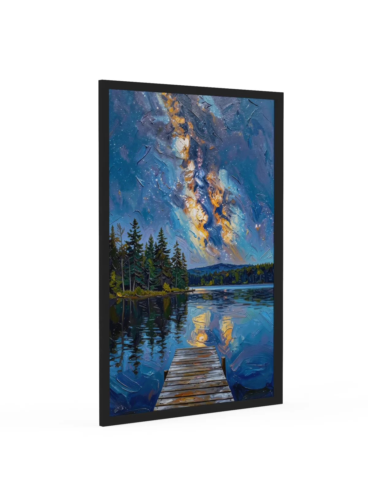Starry Night Over the Lake as a 24 by 36 inch framed print in a black frame: the Milky Way over a dark lake and treeline, with a wooden dock in the foreground, in bold oil-painting brushstrokes.