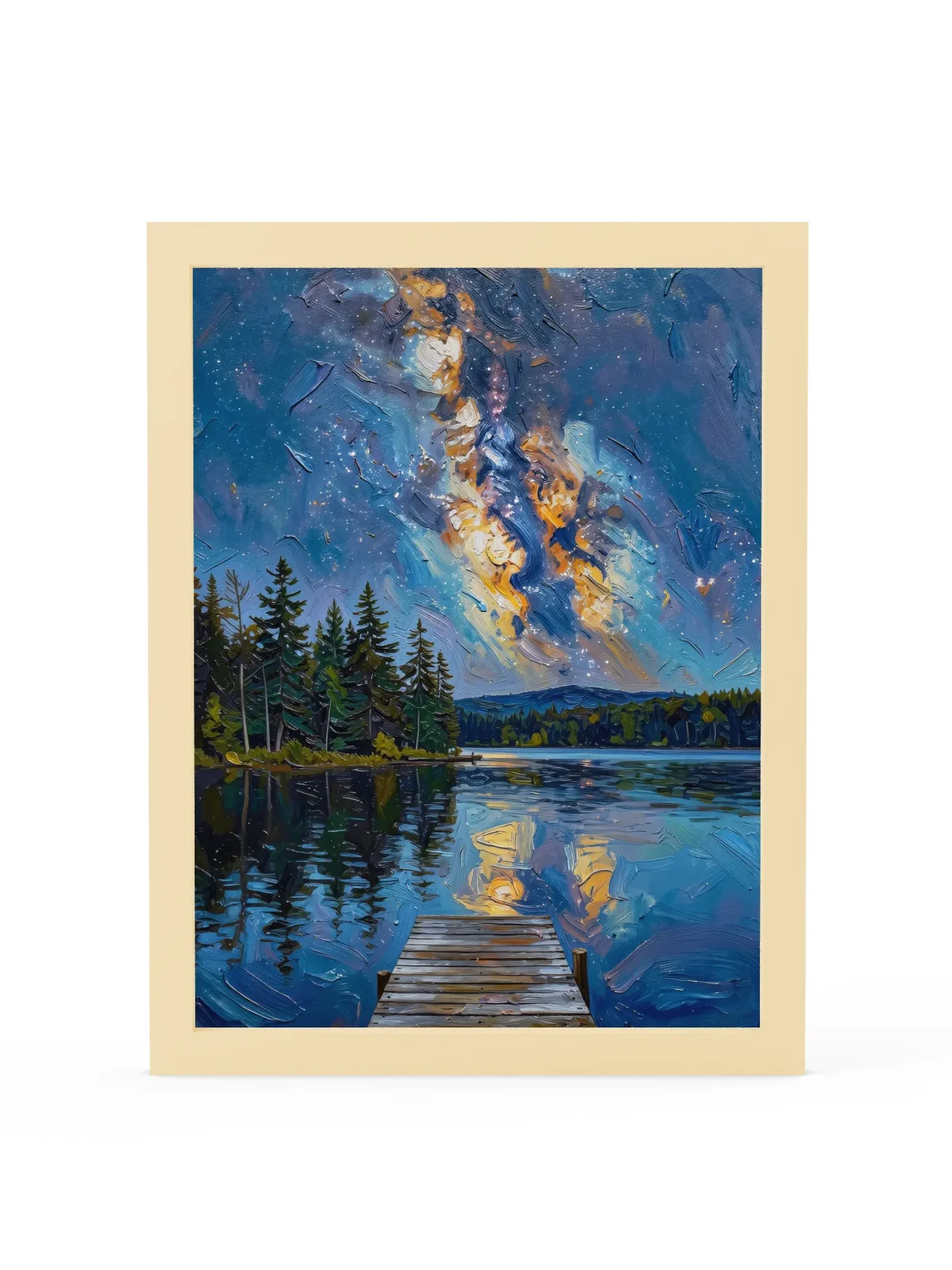 Starry Night Over the Lake as a 12 by 16 inch framed print in a natural wood frame: the Milky Way over a dark lake and treeline, with a wooden dock in the foreground, in bold oil-painting brushstrokes.