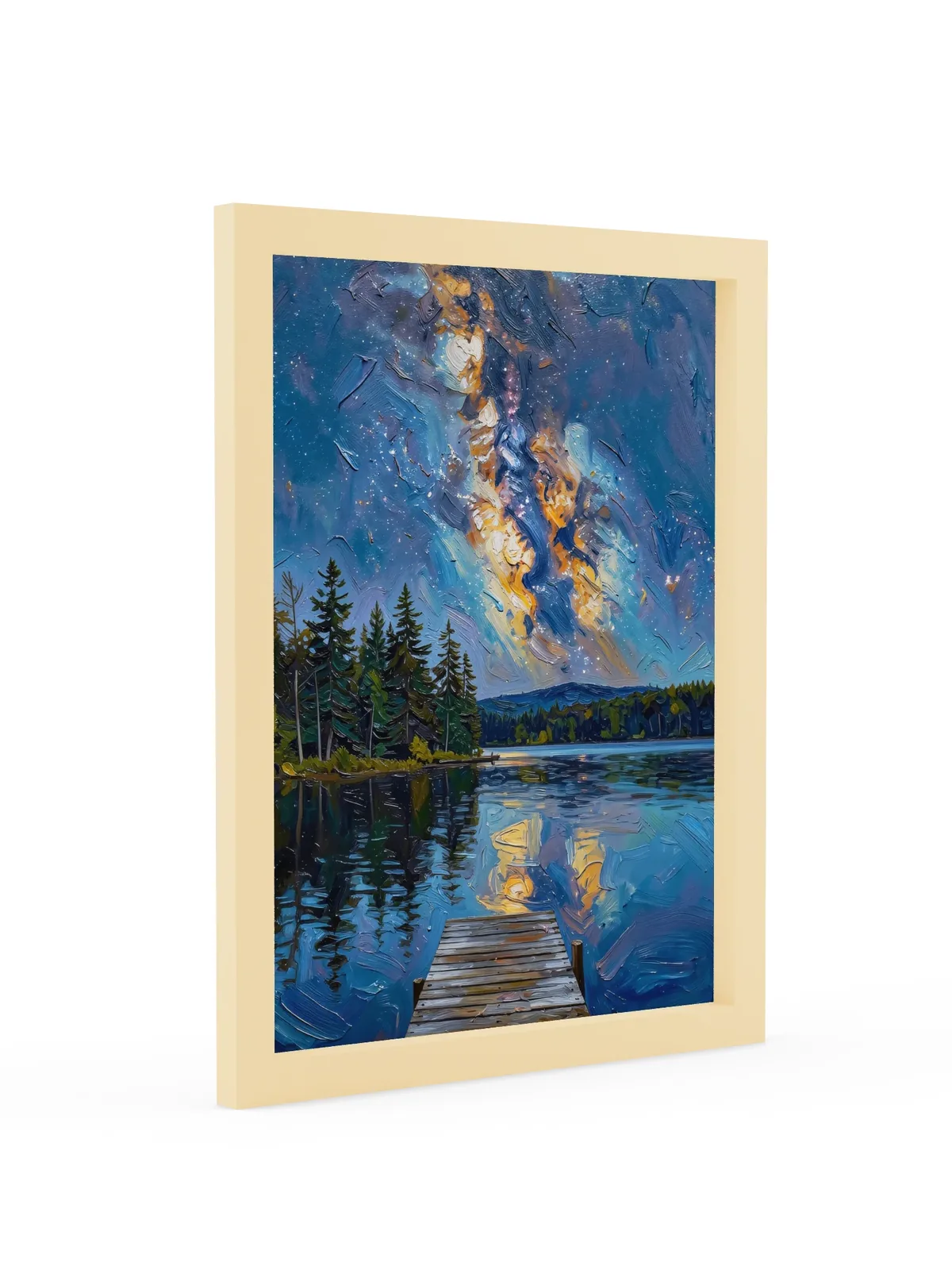 Starry Night Over the Lake as a 12 by 16 inch framed print in a natural wood frame: the Milky Way over a dark lake and treeline, with a wooden dock in the foreground, in bold oil-painting brushstrokes.