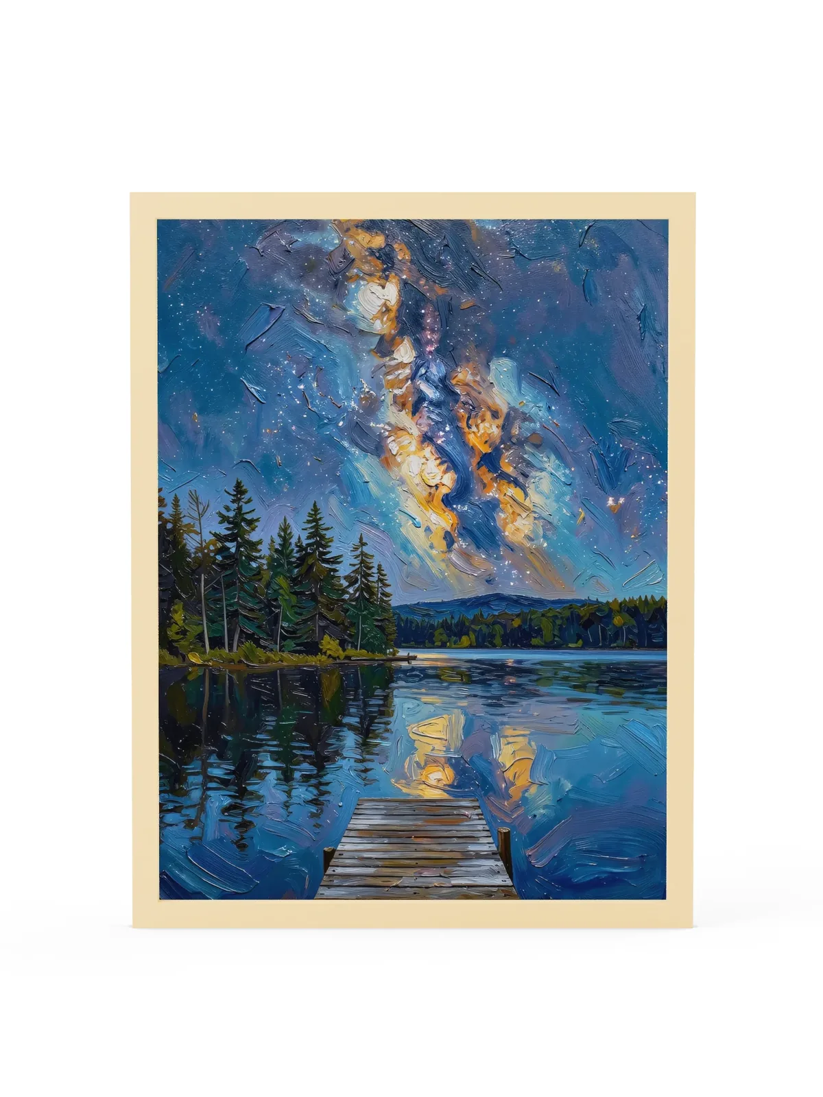 Starry Night Over the Lake as an 18 by 24 inch framed print in a natural wood frame: the Milky Way over a dark lake and treeline, with a wooden dock in the foreground, in bold oil-painting brushstrokes.