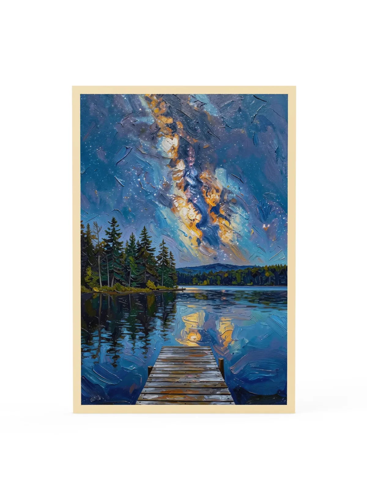 Starry Night Over the Lake as a 24 by 36 inch framed print in a natural wood frame: the Milky Way over a dark lake and treeline, with a wooden dock in the foreground, in bold oil-painting brushstrokes.