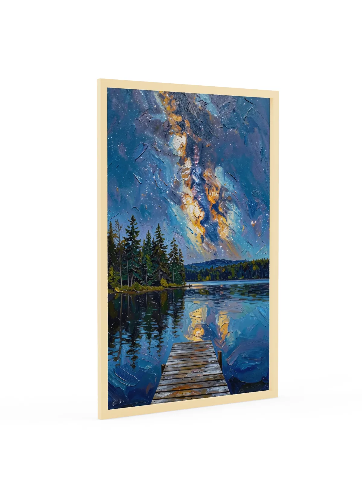 Starry Night Over the Lake as a 24 by 36 inch framed print in a natural wood frame: the Milky Way over a dark lake and treeline, with a wooden dock in the foreground, in bold oil-painting brushstrokes.