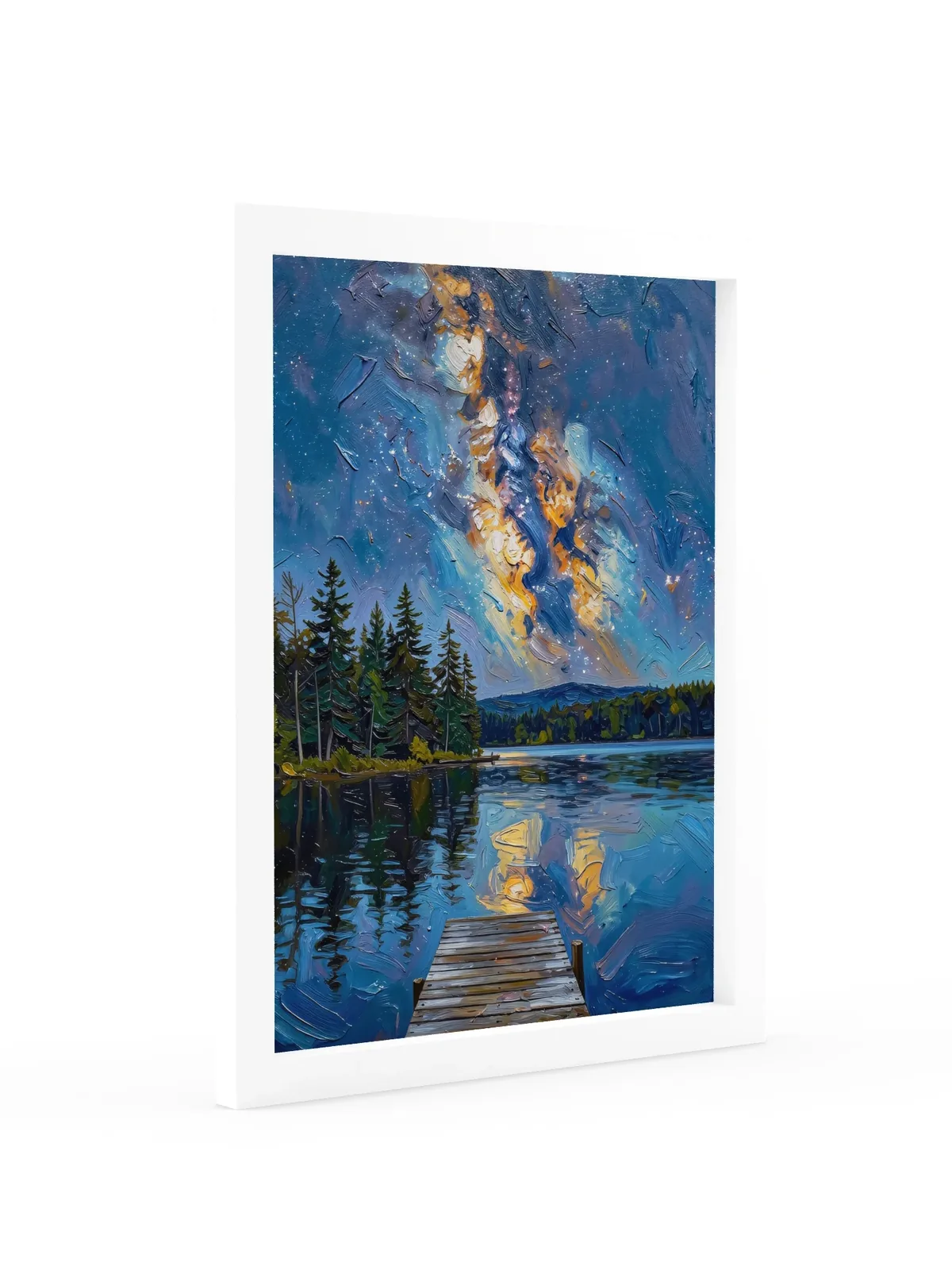 Starry Night Over the Lake as a 12 by 16 inch framed print in a white frame: the Milky Way over a dark lake and treeline, with a wooden dock in the foreground, in bold oil-painting brushstrokes.