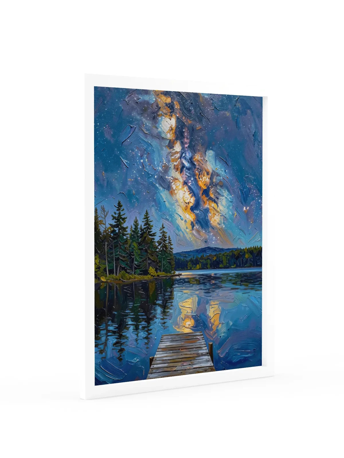 Starry Night Over the Lake as an 18 by 24 inch framed print in a white frame: the Milky Way over a dark lake and treeline, with a wooden dock in the foreground, in bold oil-painting brushstrokes.