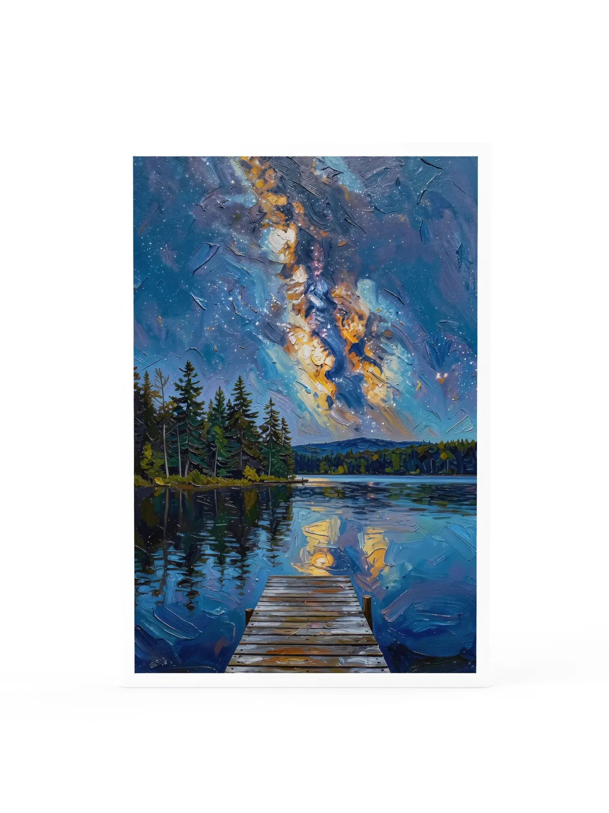 Starry Night Over the Lake as a 24 by 36 inch framed print in a white frame: the Milky Way over a dark lake and treeline, with a wooden dock in the foreground, in bold oil-painting brushstrokes.