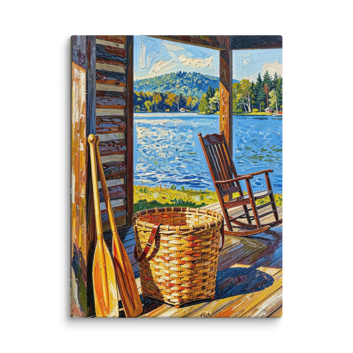 The Camp Porch as a 12 by 16 inch canvas: a camp porch with a woven pack basket, two canoe paddles against the log wall and an empty rocking chair facing the lake, in bold oil-painting brushstrokes.