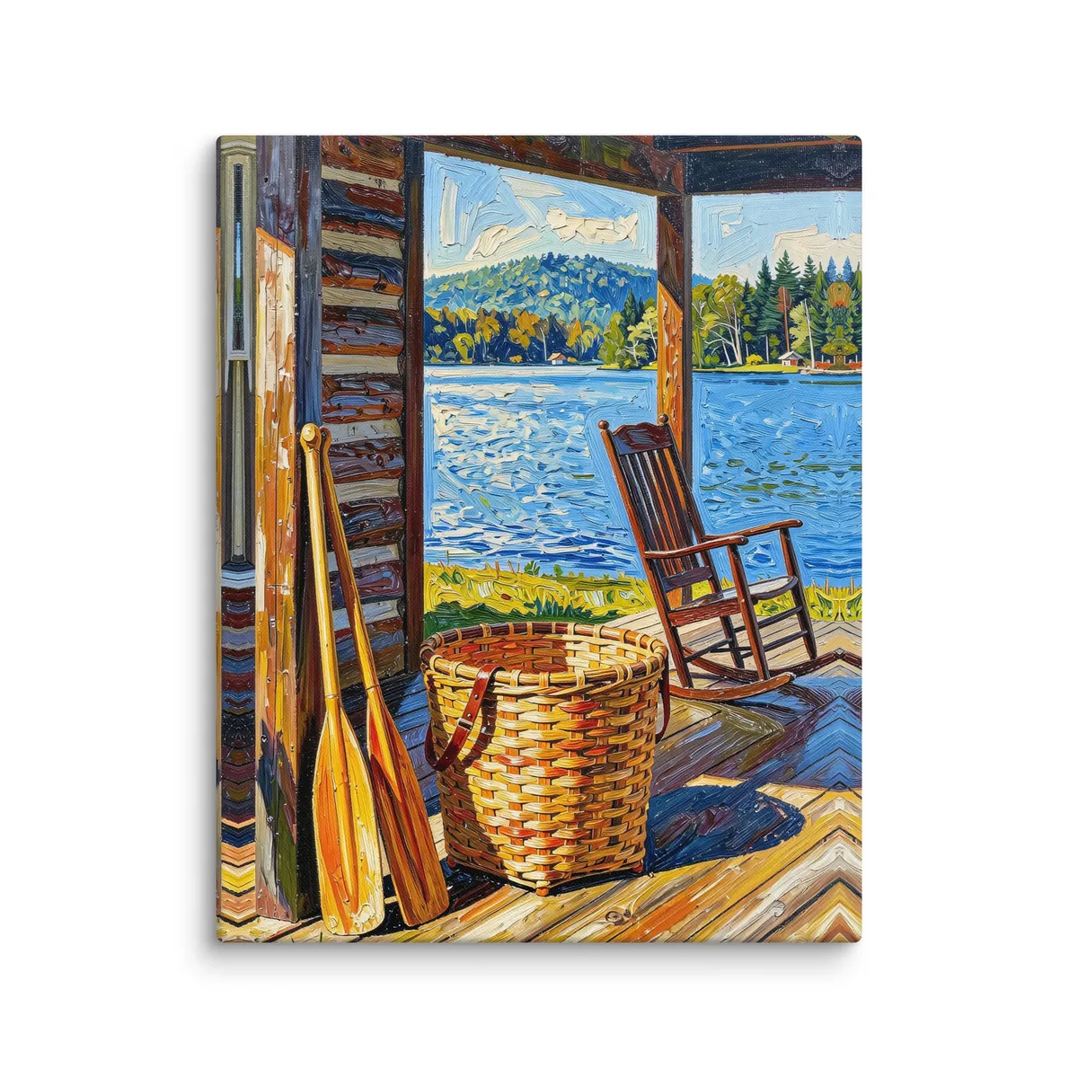 The Camp Porch as a 16 by 20 inch canvas: a camp porch with a woven pack basket, two canoe paddles against the log wall and an empty rocking chair facing the lake, in bold oil-painting brushstrokes.