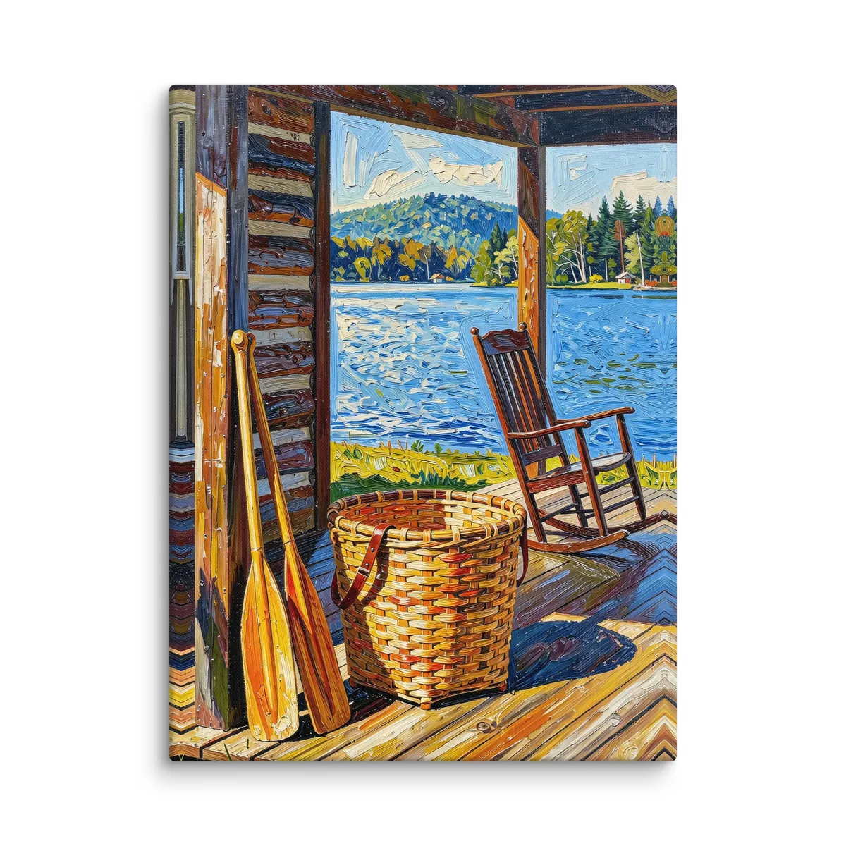 The Camp Porch as an 18 by 24 inch canvas: a camp porch with a woven pack basket, two canoe paddles against the log wall and an empty rocking chair facing the lake, in bold oil-painting brushstrokes.