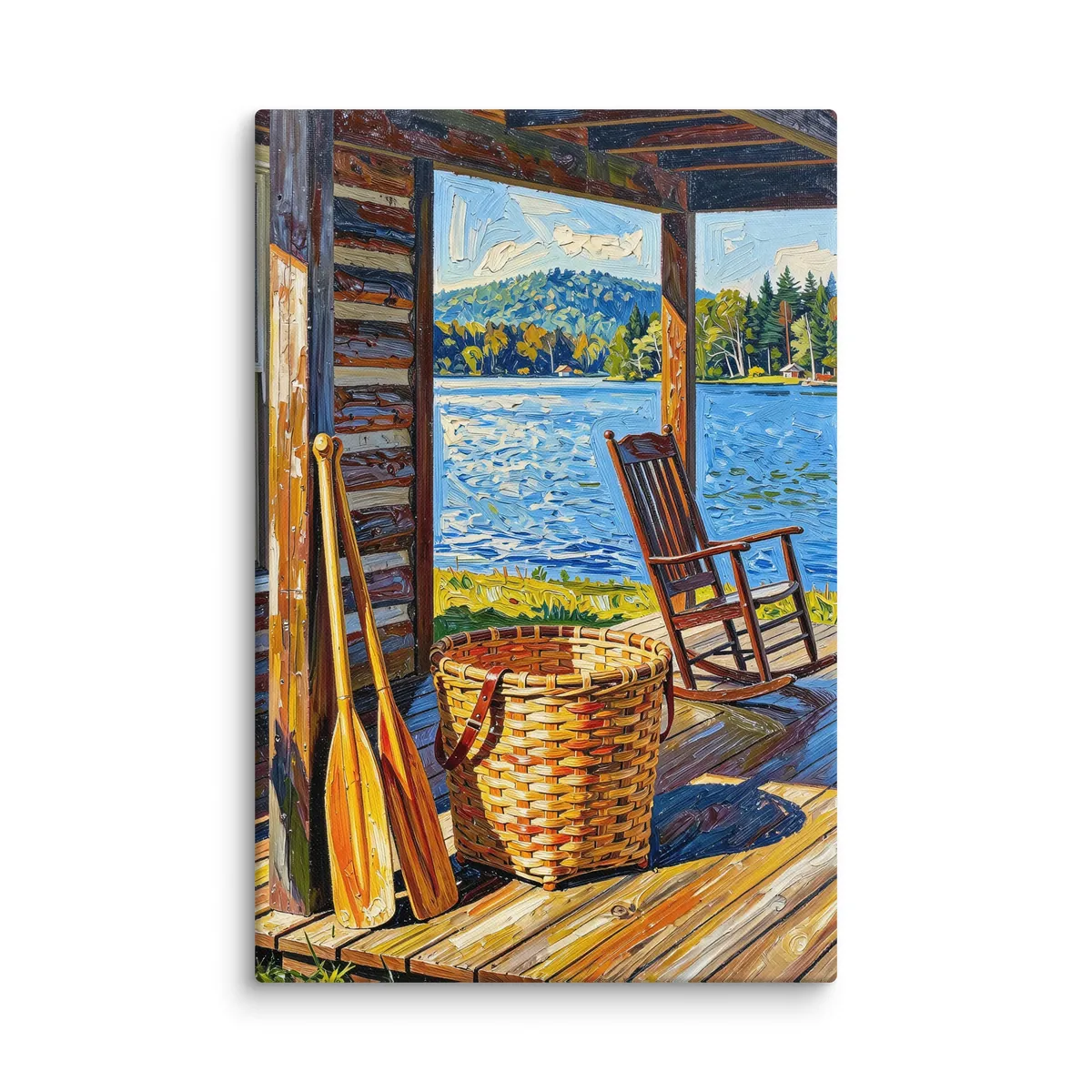 The Camp Porch as a 24 by 36 inch canvas: a camp porch with a woven pack basket, two canoe paddles against the log wall and an empty rocking chair facing the lake, in bold oil-painting brushstrokes.