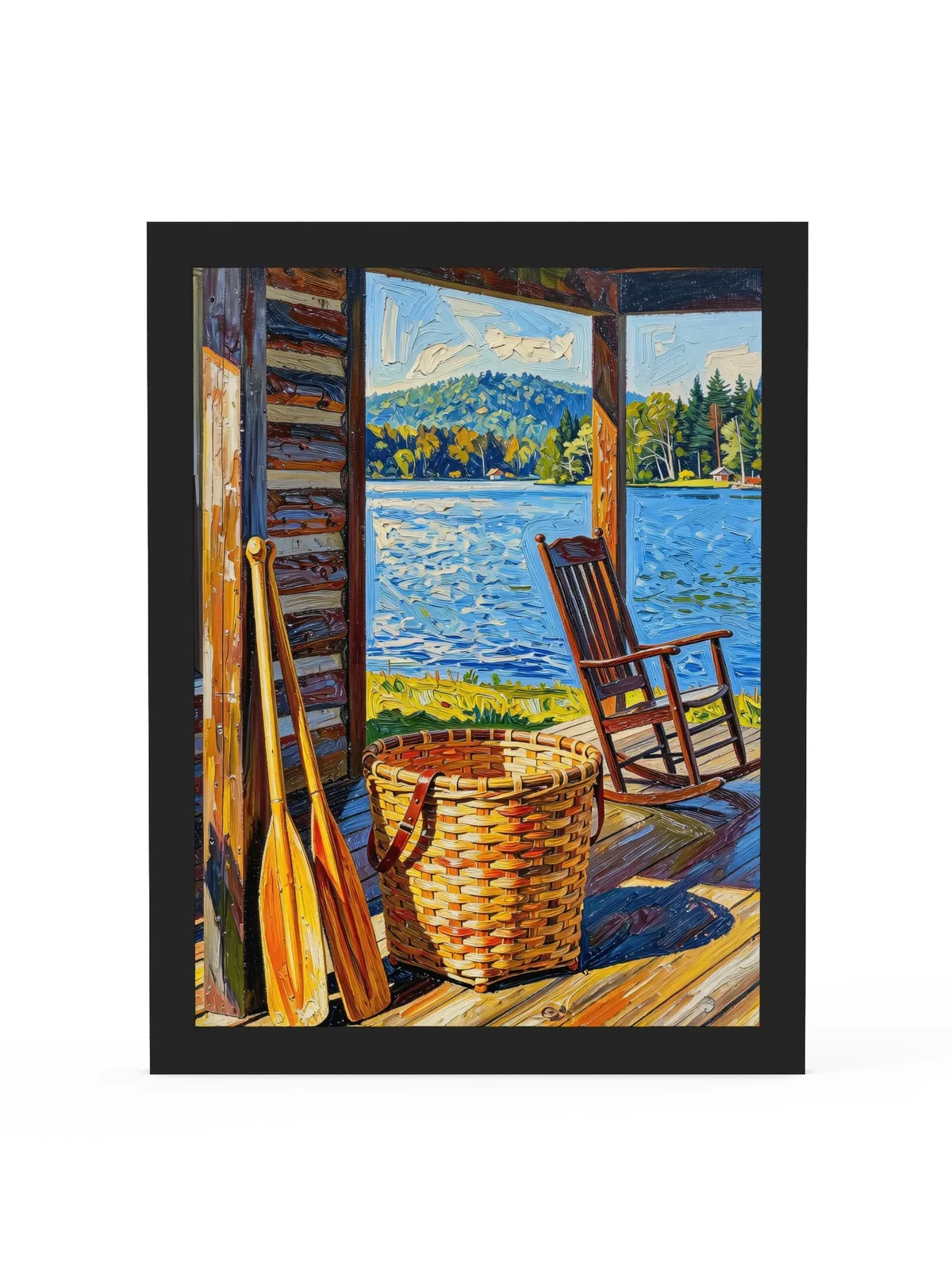 The Camp Porch as a 12 by 16 inch framed print in a black frame: a camp porch with a woven pack basket, two canoe paddles against the log wall and an empty rocking chair facing the lake, in bold oil-painting brushstrokes.