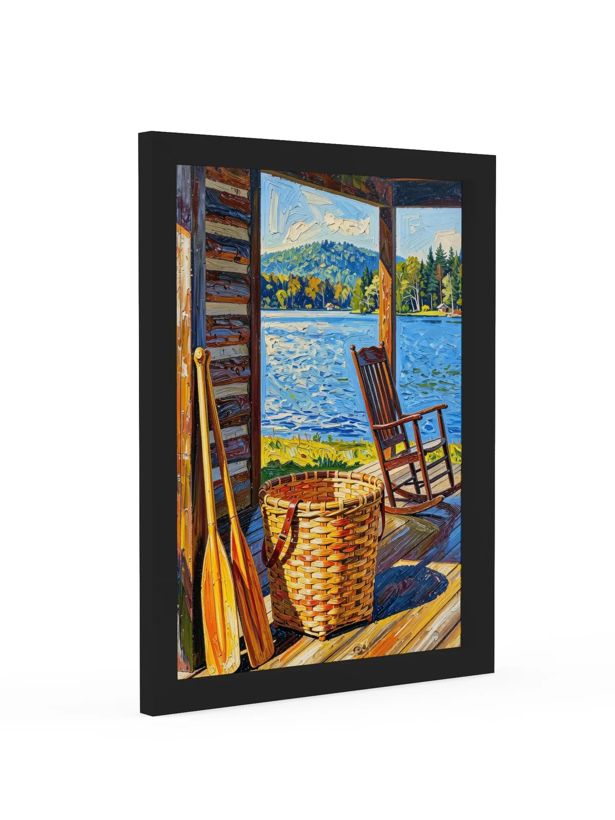 The Camp Porch as a 12 by 16 inch framed print in a black frame: a camp porch with a woven pack basket, two canoe paddles against the log wall and an empty rocking chair facing the lake, in bold oil-painting brushstrokes.
