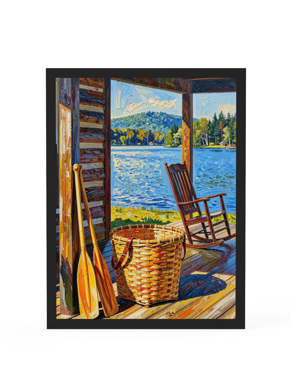 The Camp Porch as an 18 by 24 inch framed print in a black frame: a camp porch with a woven pack basket, two canoe paddles against the log wall and an empty rocking chair facing the lake, in bold oil-painting brushstrokes.