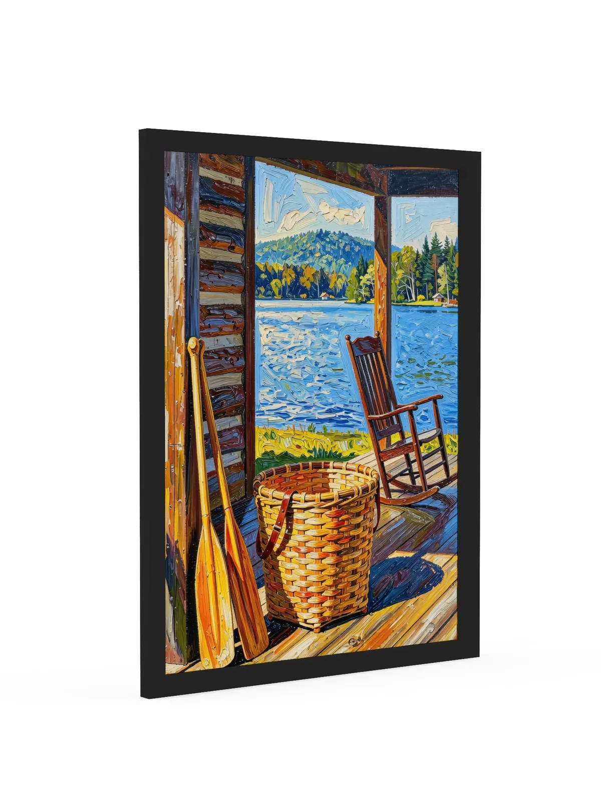 The Camp Porch as an 18 by 24 inch framed print in a black frame: a camp porch with a woven pack basket, two canoe paddles against the log wall and an empty rocking chair facing the lake, in bold oil-painting brushstrokes.