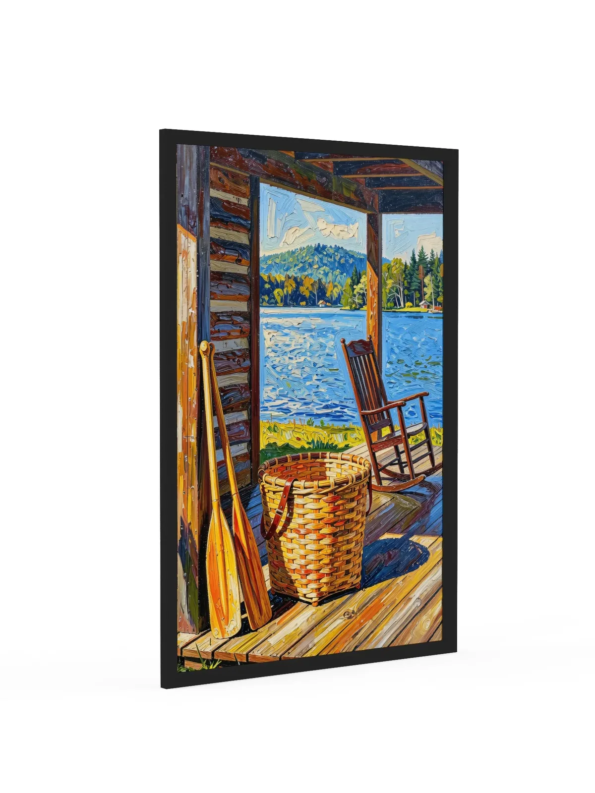 The Camp Porch as a 24 by 36 inch framed print in a black frame: a camp porch with a woven pack basket, two canoe paddles against the log wall and an empty rocking chair facing the lake, in bold oil-painting brushstrokes.