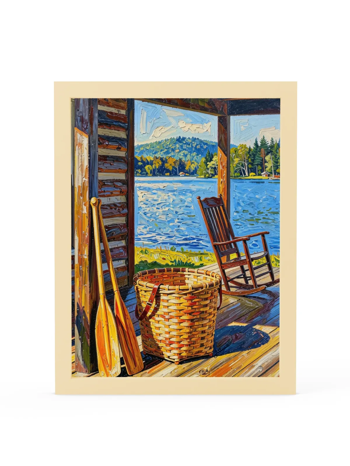 The Camp Porch as a 12 by 16 inch framed print in a natural wood frame: a camp porch with a woven pack basket, two canoe paddles against the log wall and an empty rocking chair facing the lake, in bold oil-painting brushstrokes.